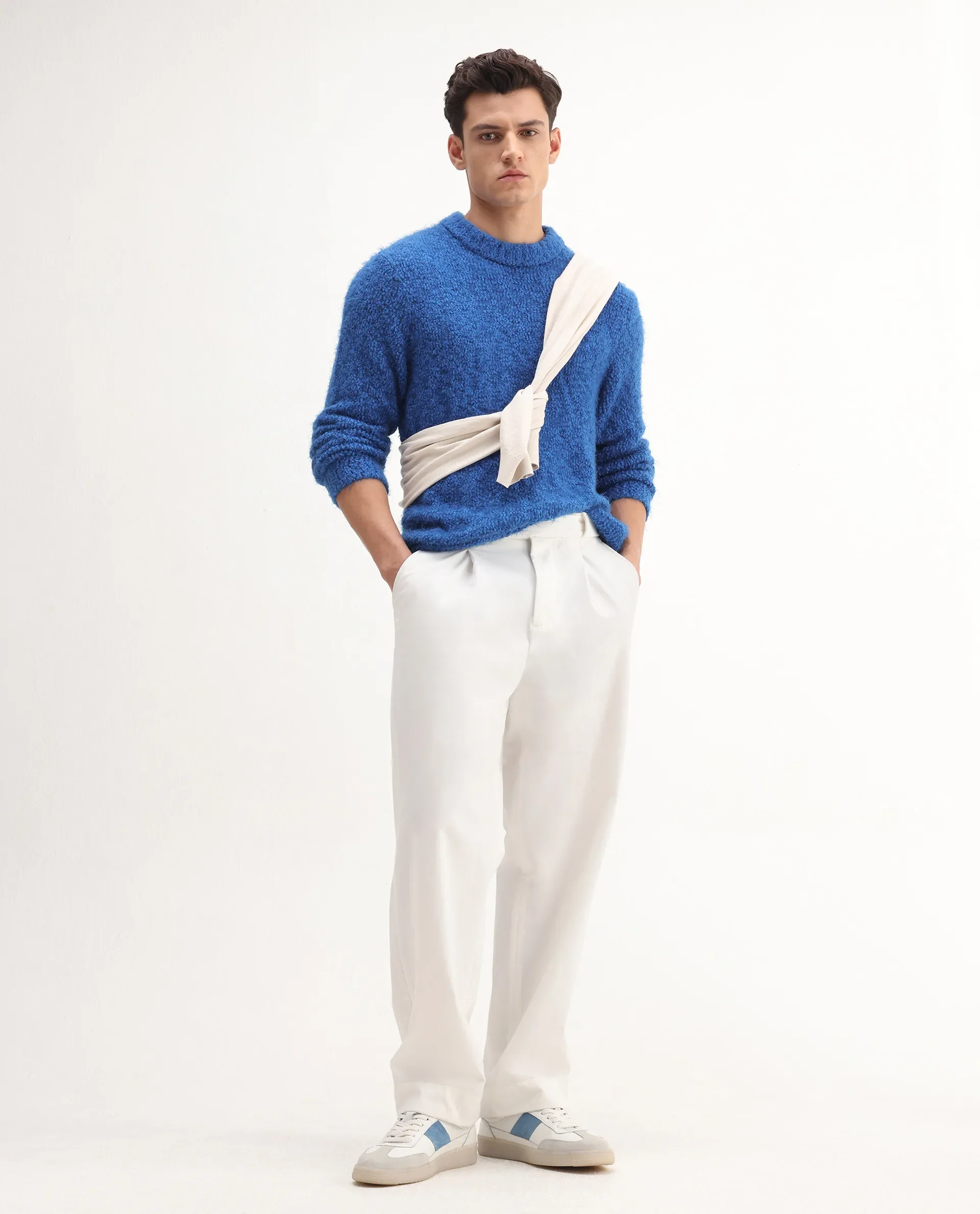Rare Rabbit Men's Kept Blue Polyester Plain Regular Fit Full Sleeve Crew Neck Sweater - Image 2