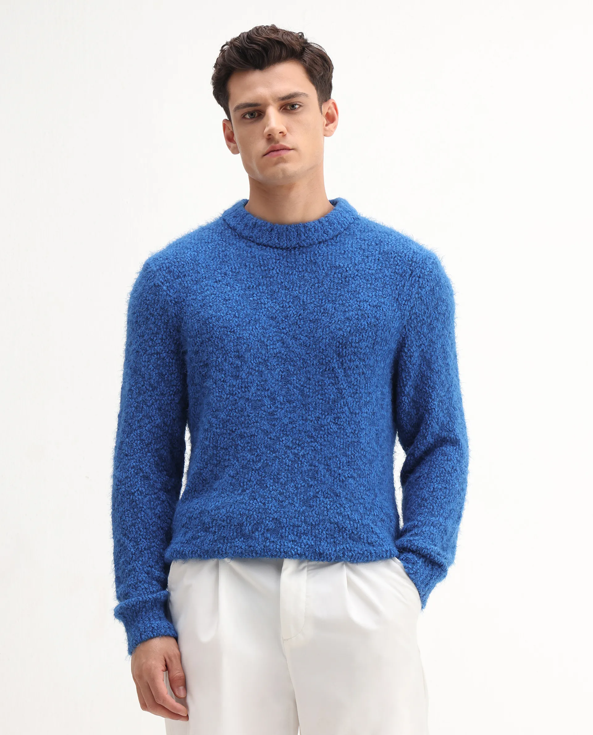 Rare Rabbit Men's Kept Blue Polyester Plain Regular Fit Full Sleeve Crew Neck Sweater - Image 5