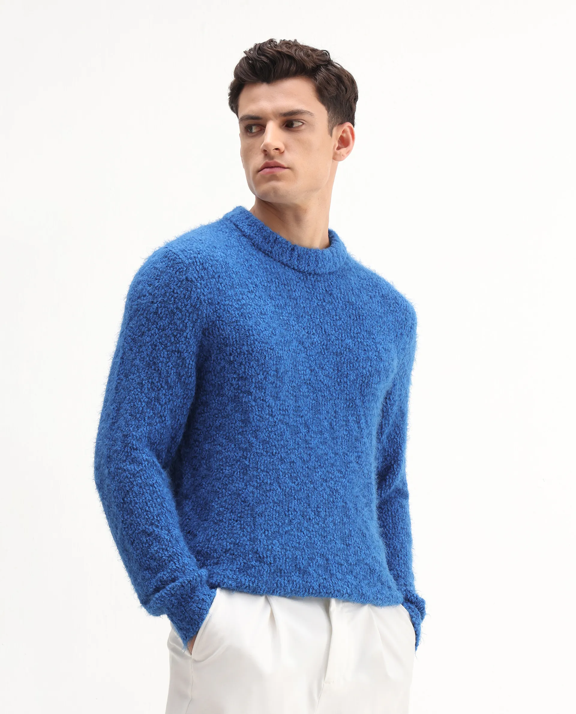 Rare Rabbit Men's Kept Blue Polyester Plain Regular Fit Full Sleeve Crew Neck Sweater - Image 6