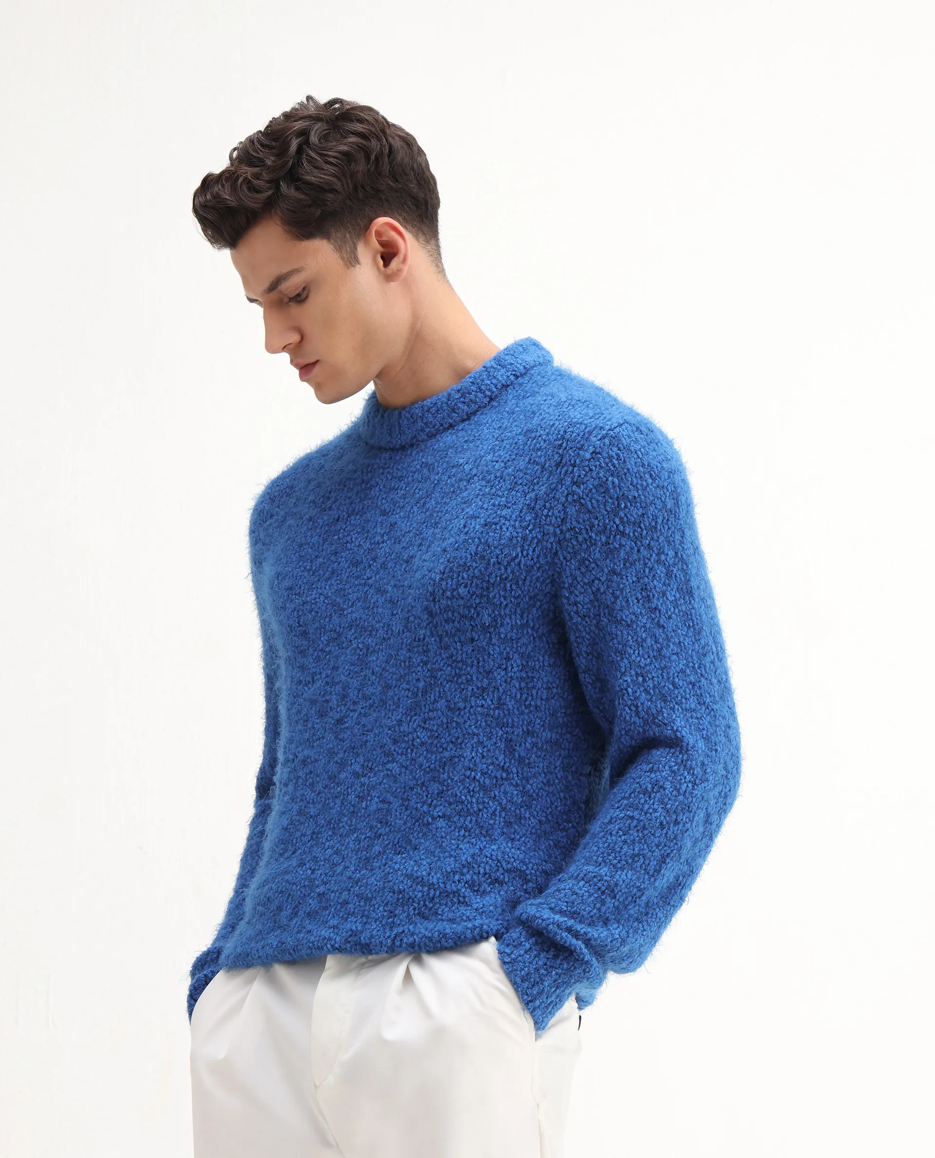Rare Rabbit Men's Kept Blue Polyester Plain Regular Fit Full Sleeve Crew Neck Sweater - Image 7