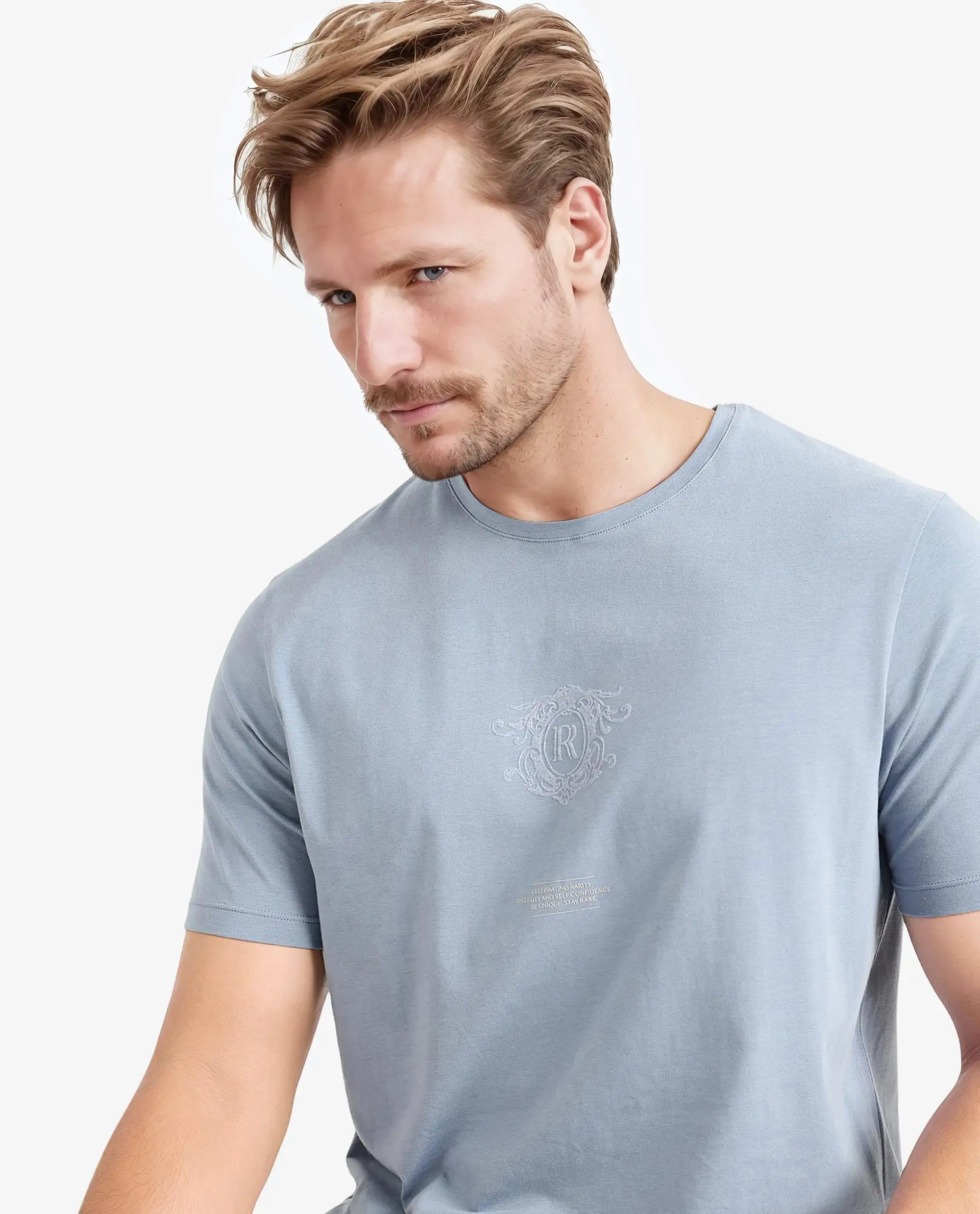 Rare Rabbit Men's Ker Blue Cotton Blend Graphic Print Regular Fit Half Sleeve Crew Neck T-Shirt