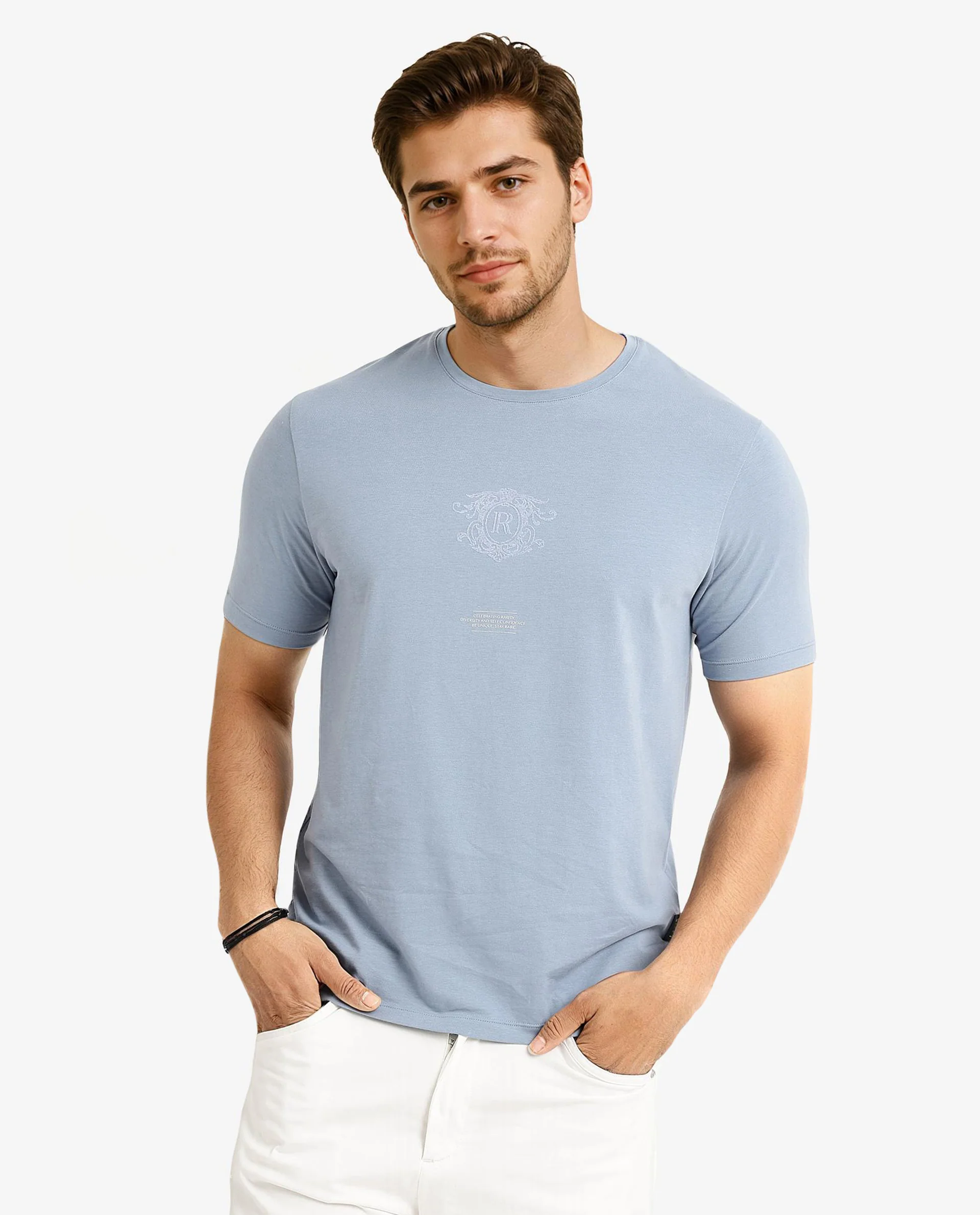 Rare Rabbit Men's Ker Blue Cotton Blend Graphic Print Regular Fit Half Sleeve Crew Neck T-Shirt - Image 2