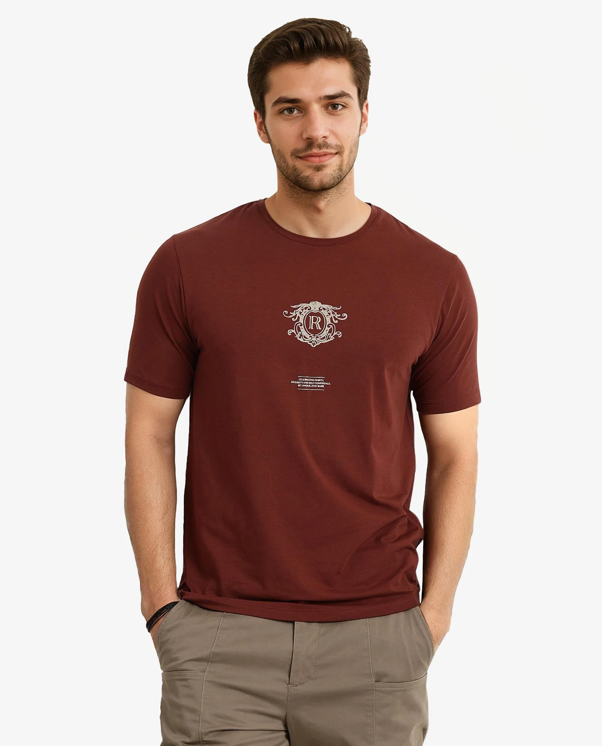 Rare Rabbit Men's Ker Brown Cotton Blend Graphic Print Regular Fit Half Sleeve Crew Neck T-Shirt - Image 4