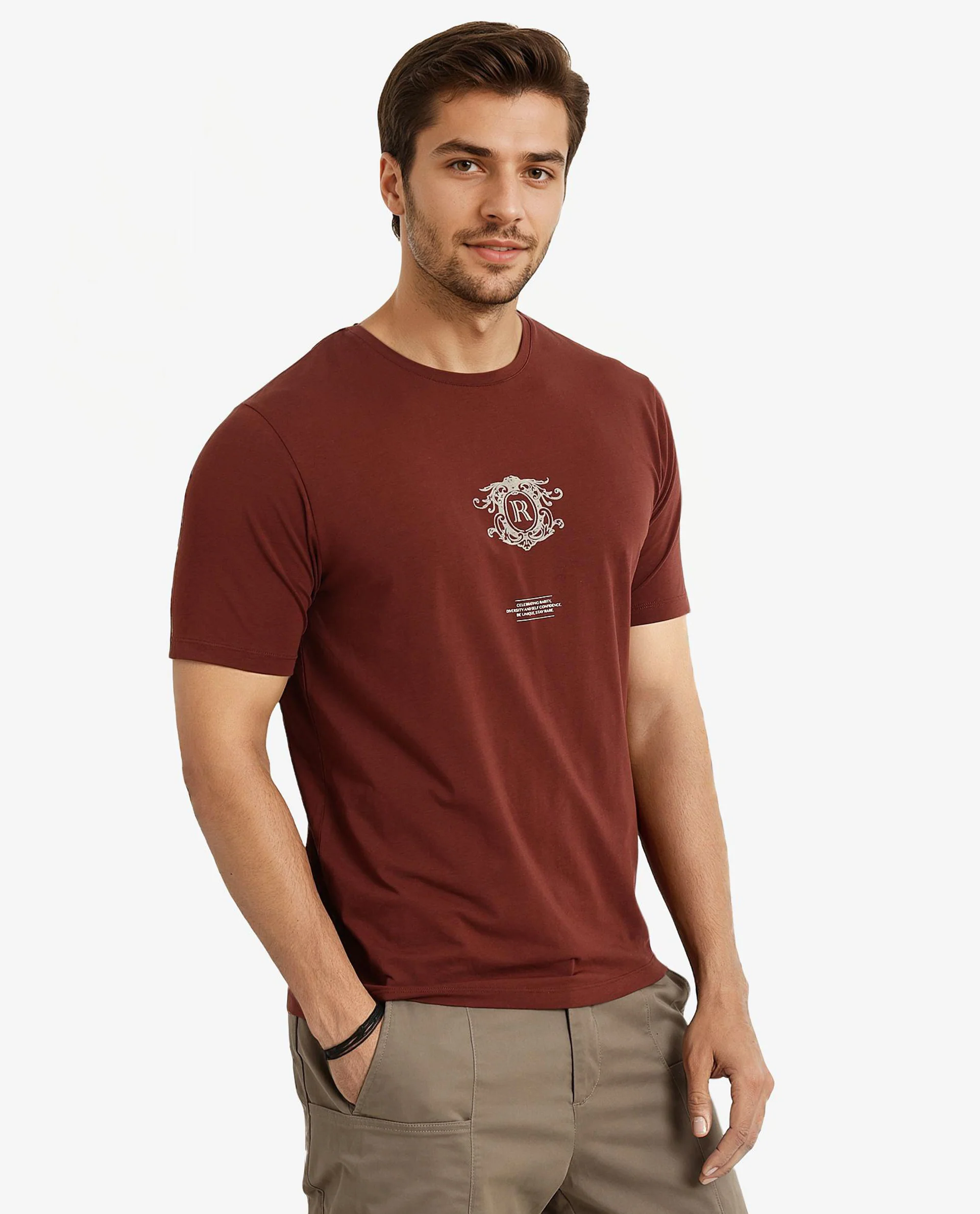 Rare Rabbit Men's Ker Brown Cotton Blend Graphic Print Regular Fit Half Sleeve Crew Neck T-Shirt - Image 5
