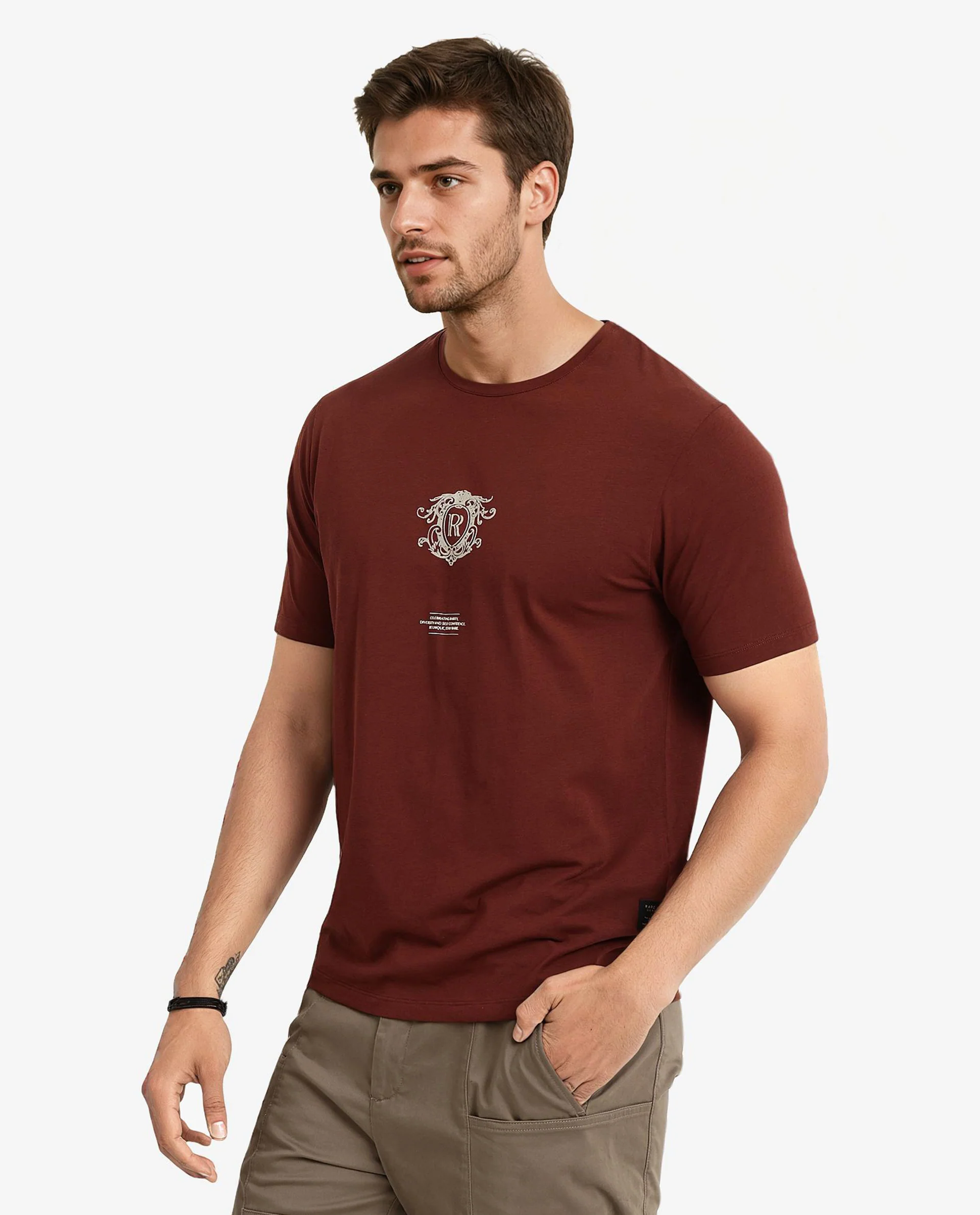 Rare Rabbit Men's Ker Brown Cotton Blend Graphic Print Regular Fit Half Sleeve Crew Neck T-Shirt - Image 7