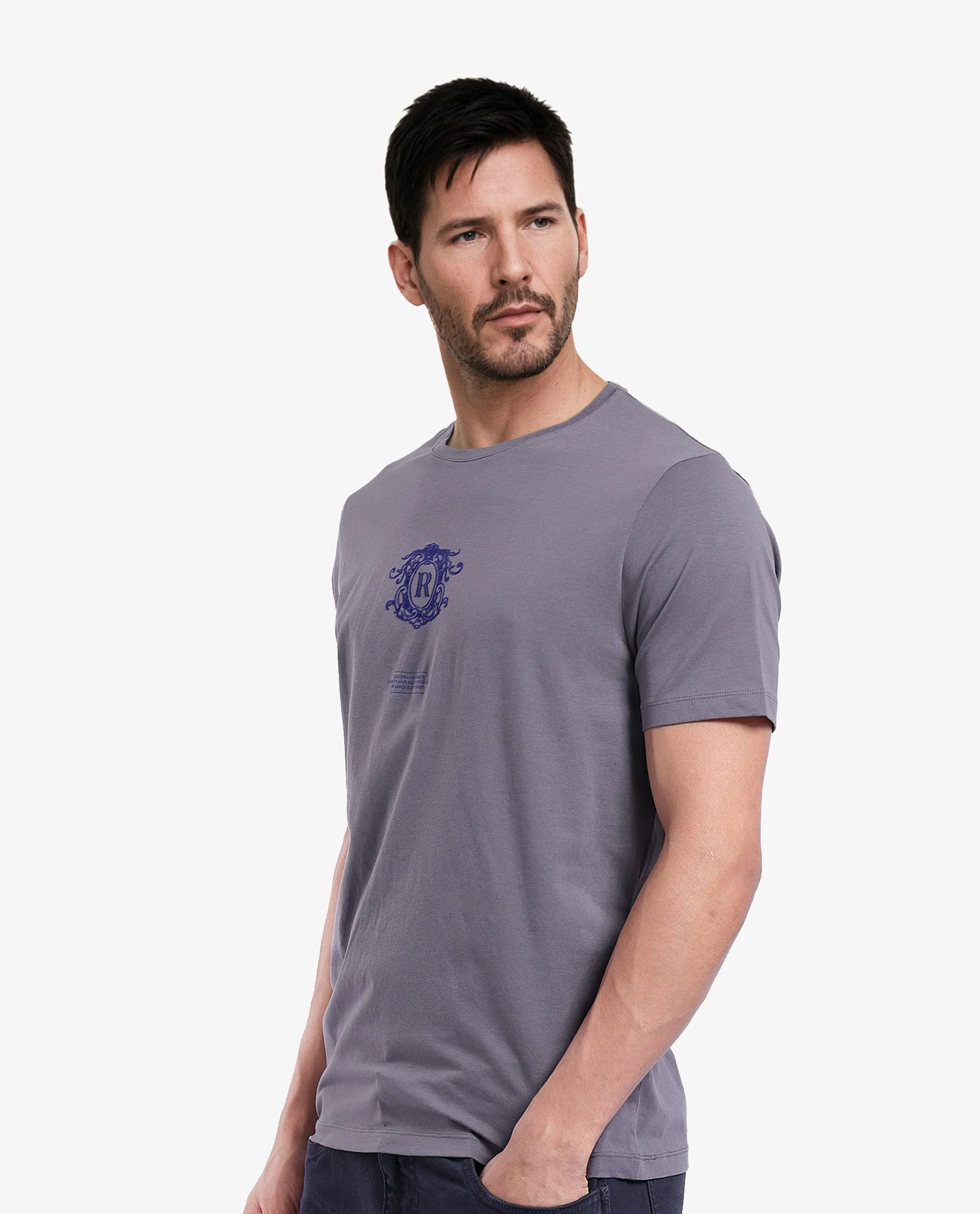 Rare Rabbit Men's Ker Light Grey Cotton Graphic Print Regular Fit Half Sleeve Crew Neck T-Shirt - Image 5