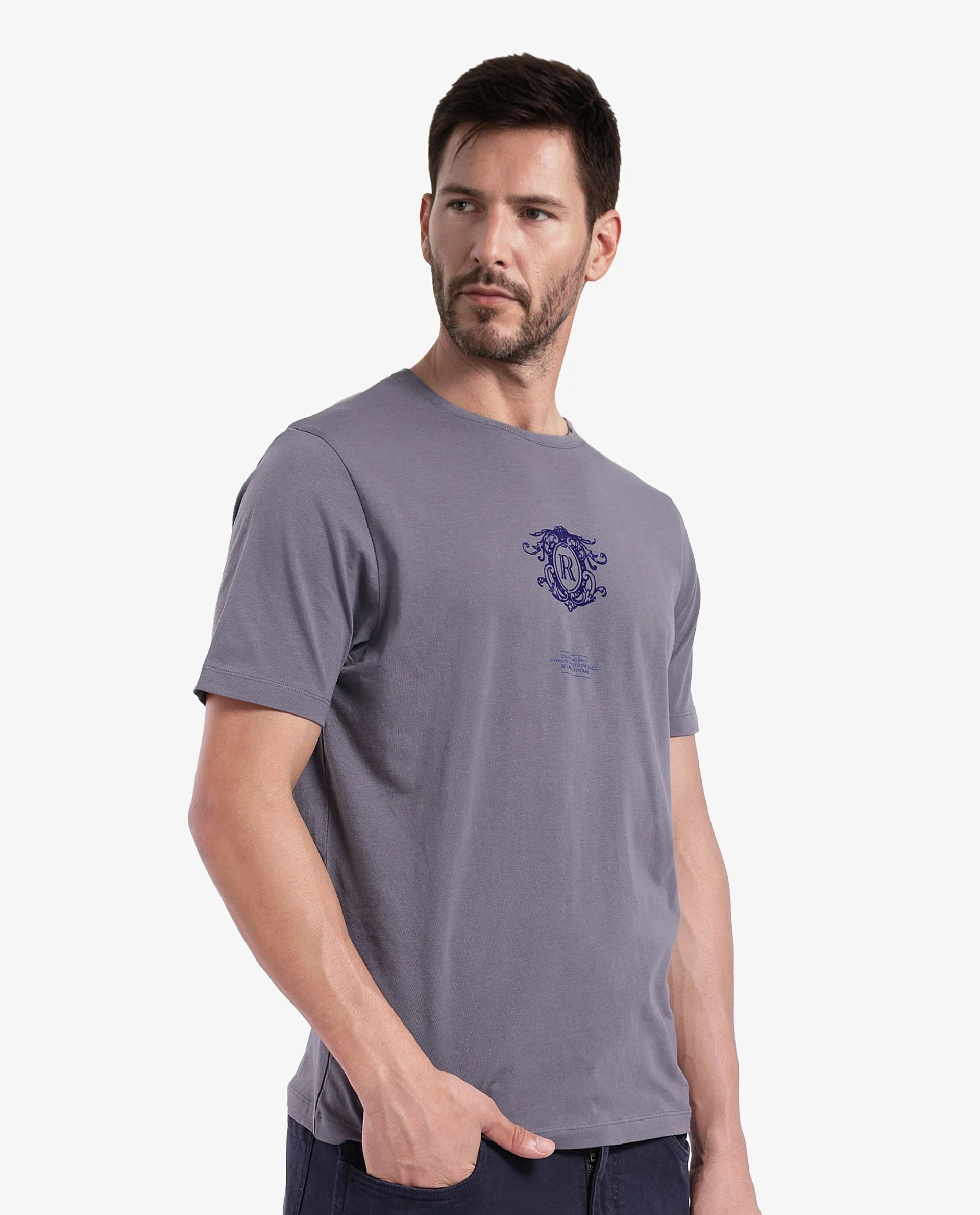 Rare Rabbit Men's Ker Light Grey Cotton Graphic Print Regular Fit Half Sleeve Crew Neck T-Shirt - Image 6