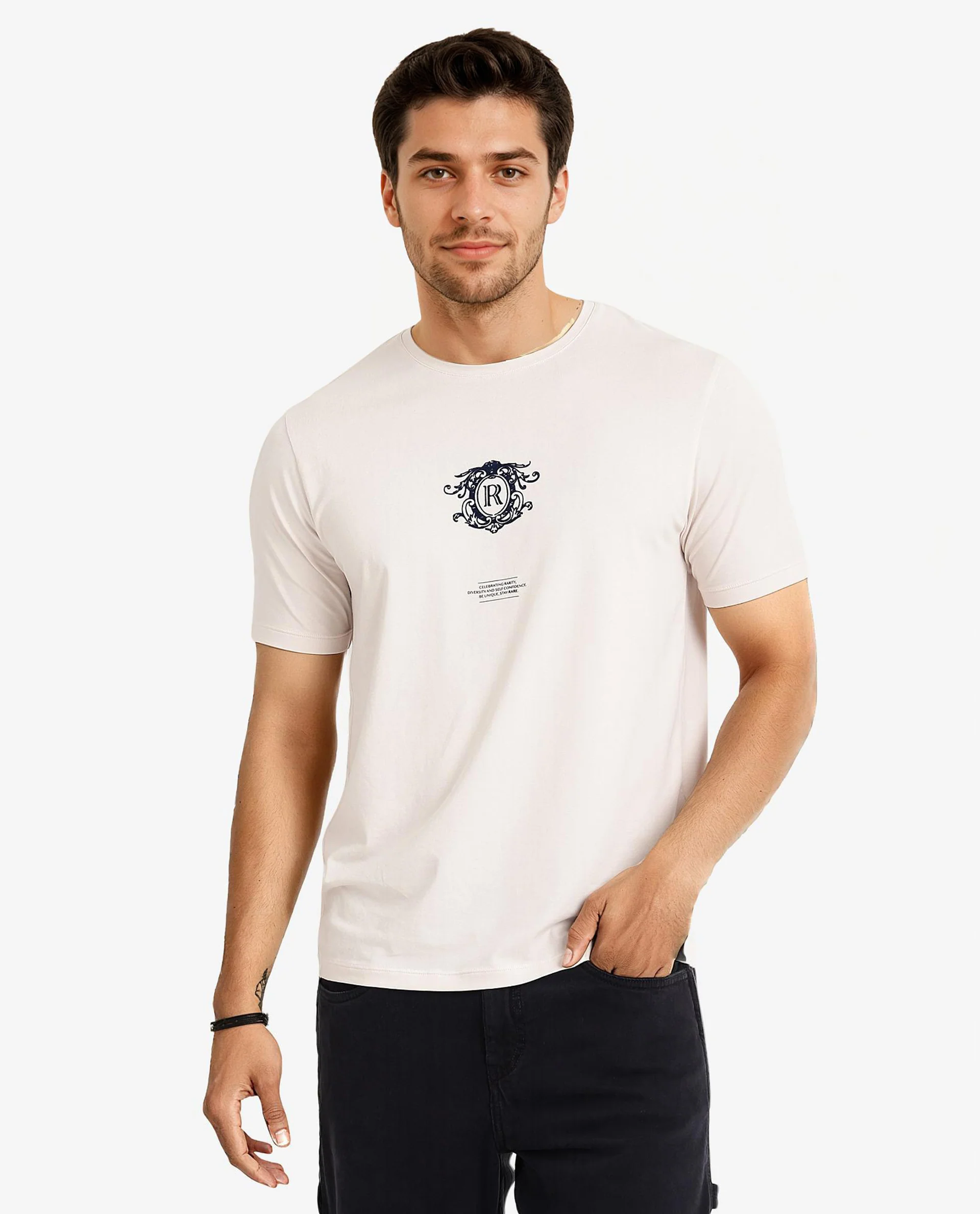 Rare Rabbit Men's Ker Light Pink Cotton Blend Graphic Print Regular Fit Half Sleeve Crew Neck T-Shirt - Image 3