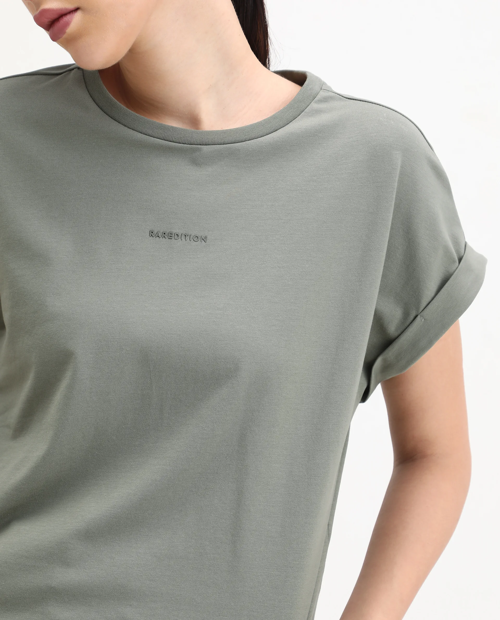 Rareism Women's Kerl Dusky Green Cotton Blend Crew Neck Relaxed Fit T-Shirt - Image 3
