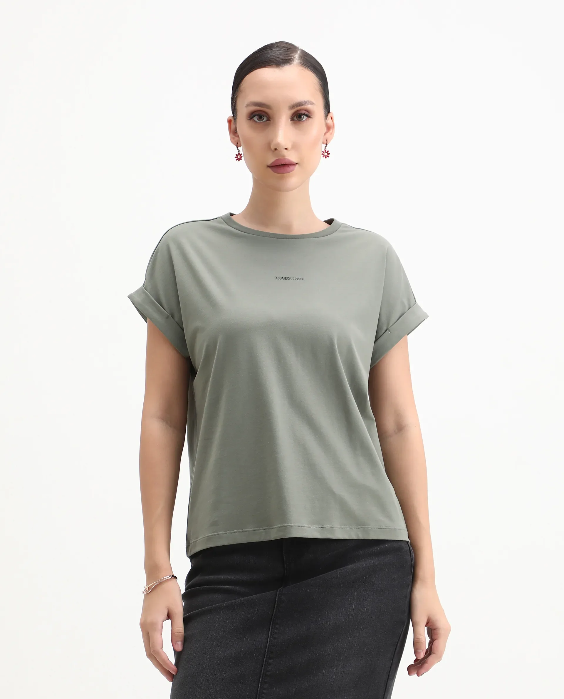 Rareism Women's Kerl Dusky Green Cotton Blend Crew Neck Relaxed Fit T-Shirt - Image 4