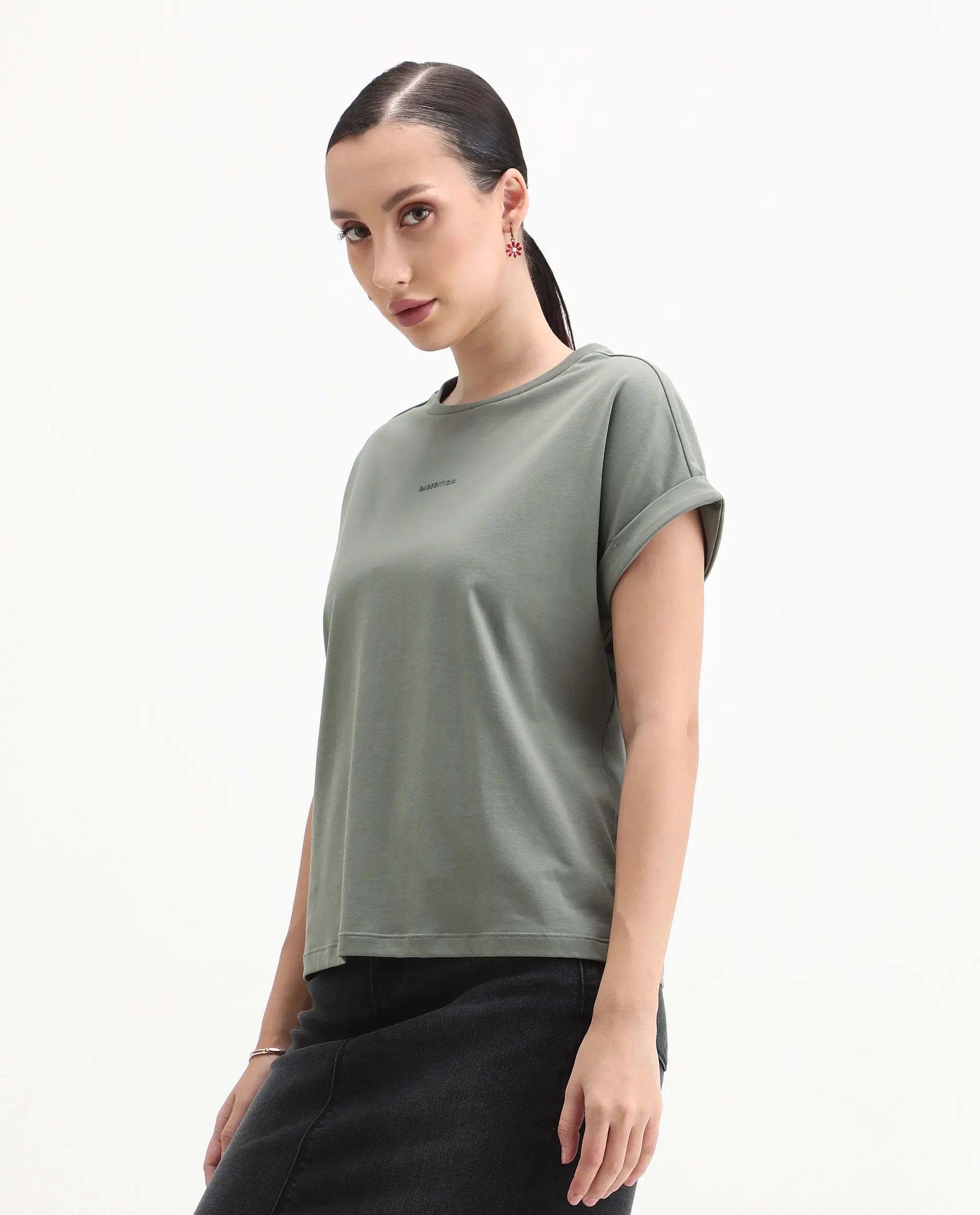 Rareism Women's Kerl Dusky Green Cotton Blend Crew Neck Relaxed Fit T-Shirt - Image 5