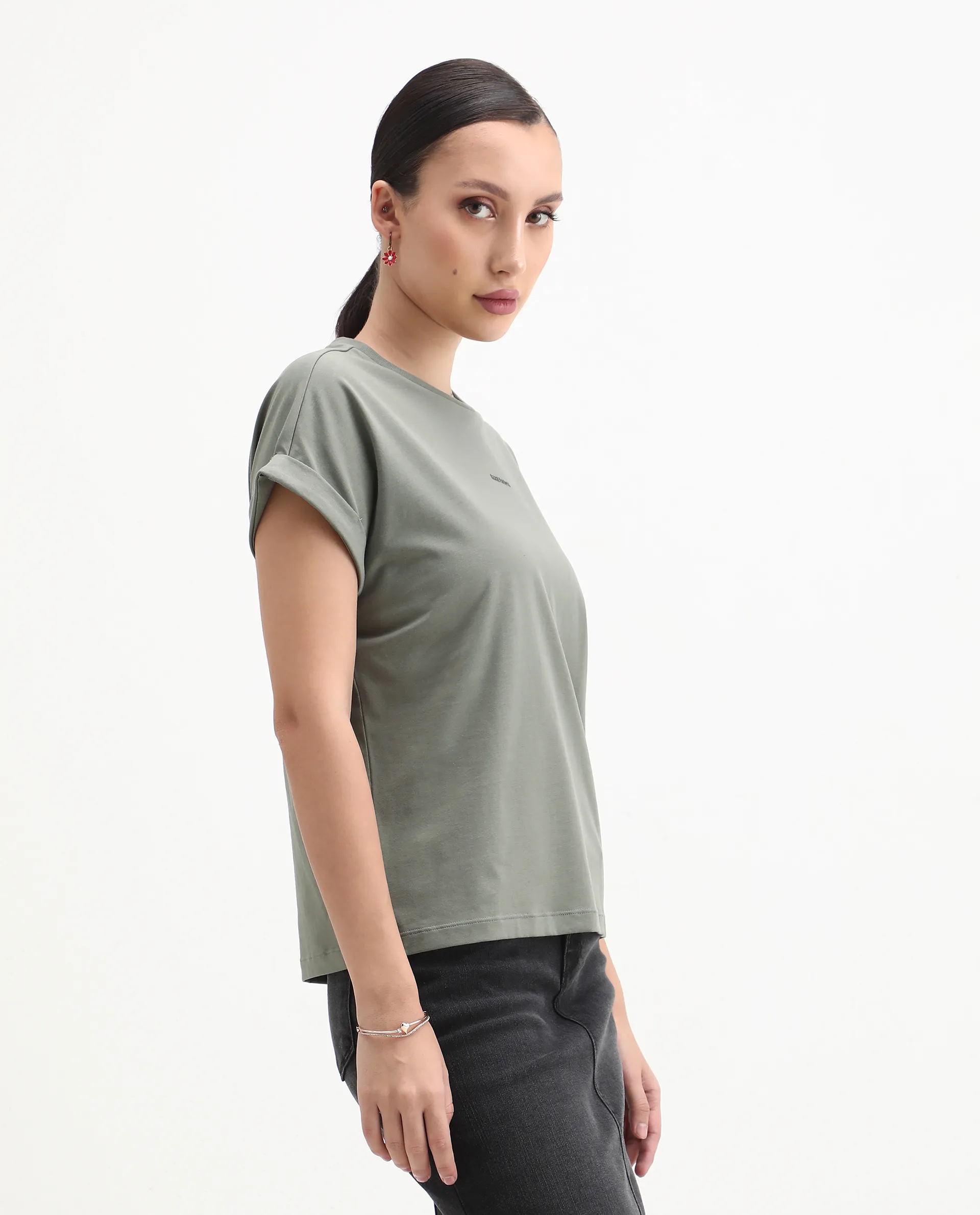 Rareism Women's Kerl Dusky Green Cotton Blend Crew Neck Relaxed Fit T-Shirt - Image 6