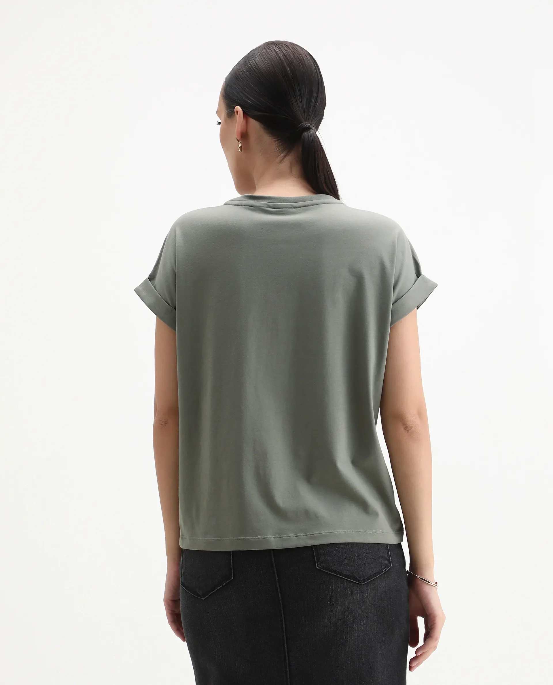 Rareism Women's Kerl Dusky Green Cotton Blend Crew Neck Relaxed Fit T-Shirt - Image 7