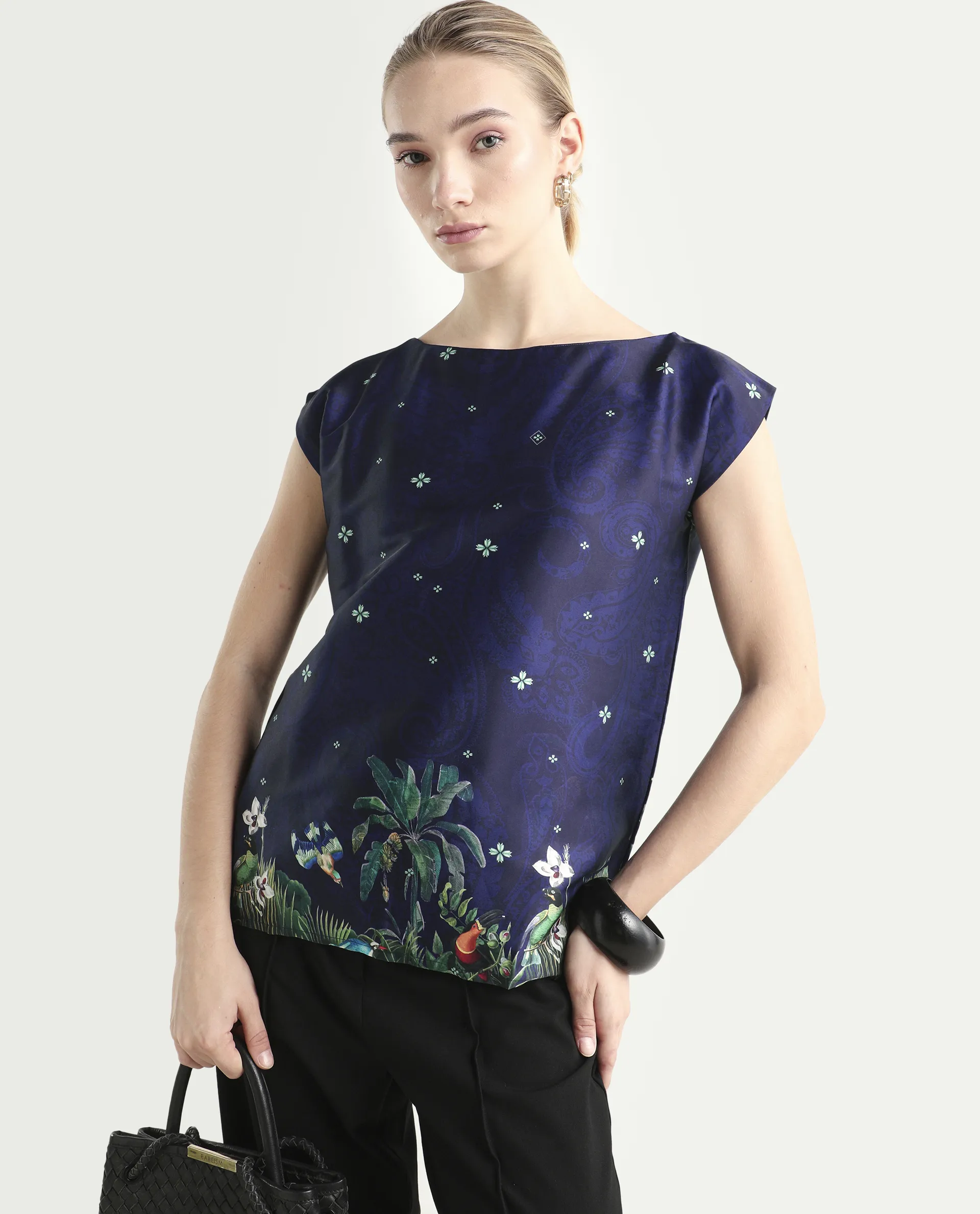 Rareism Women's Kern Navy Polyester Boat Neck Floral Print Extended Sleeves Regular Fit Top