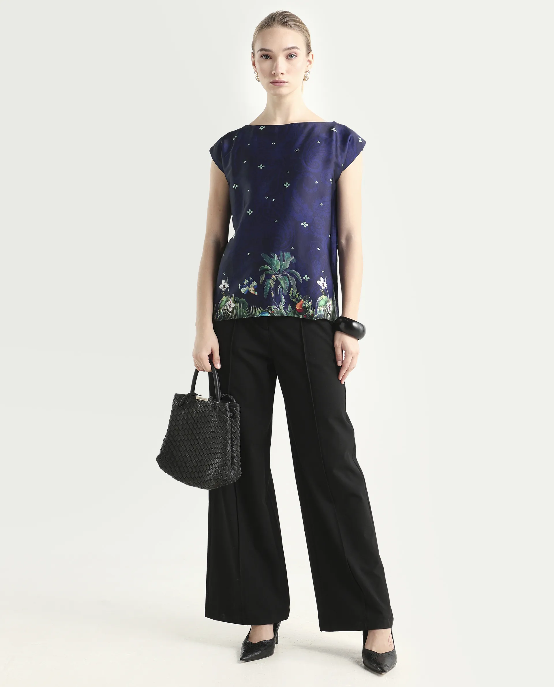 Rareism Women's Kern Navy Polyester Boat Neck Floral Print Extended Sleeves Regular Fit Top - Image 2