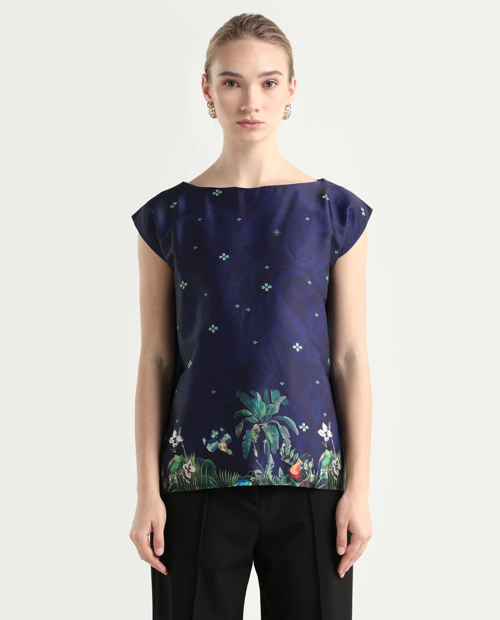 Rareism Women's Kern Navy Polyester Boat Neck Floral Print Extended Sleeves Regular Fit Top - Image 3