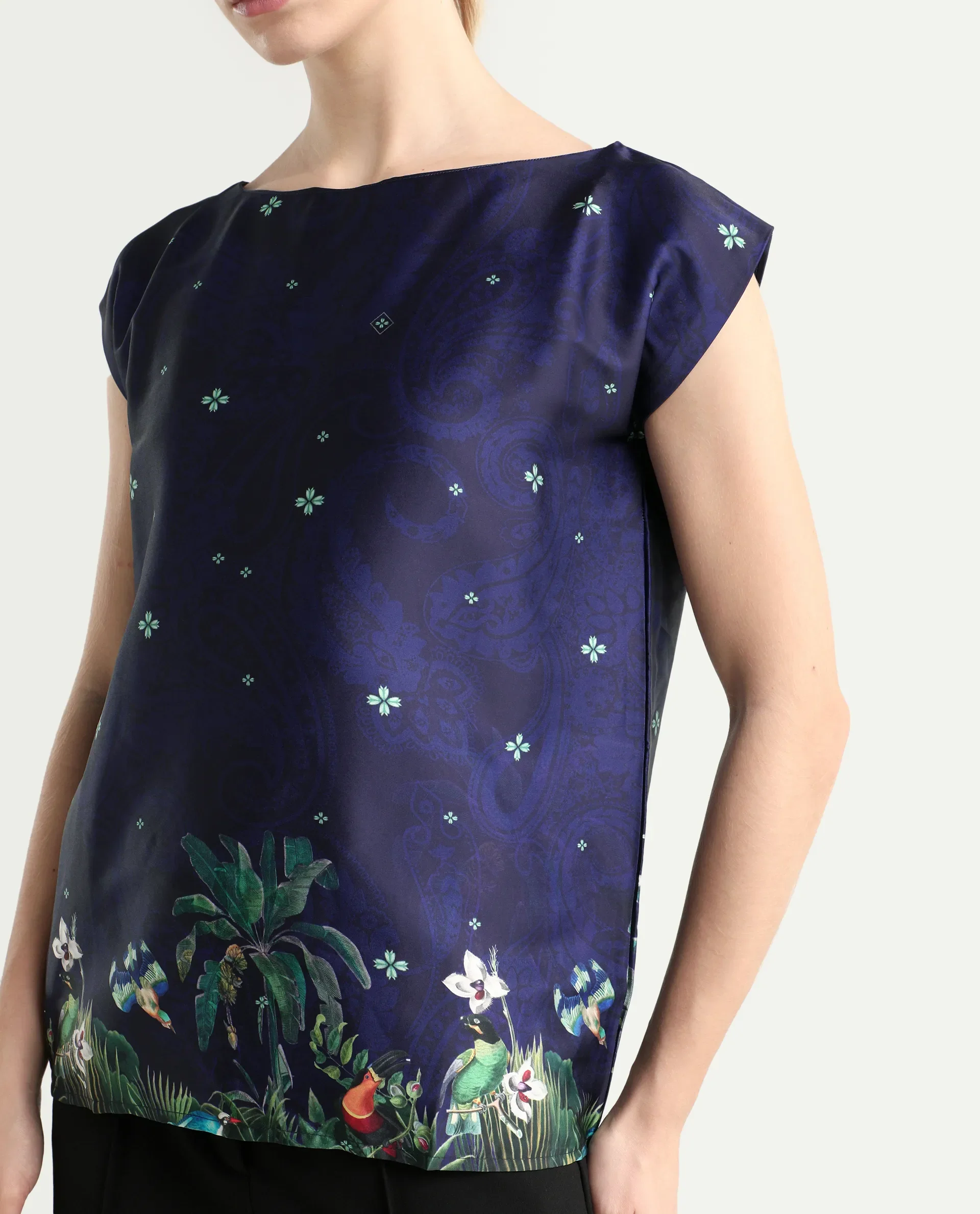 Rareism Women's Kern Navy Polyester Boat Neck Floral Print Extended Sleeves Regular Fit Top - Image 4