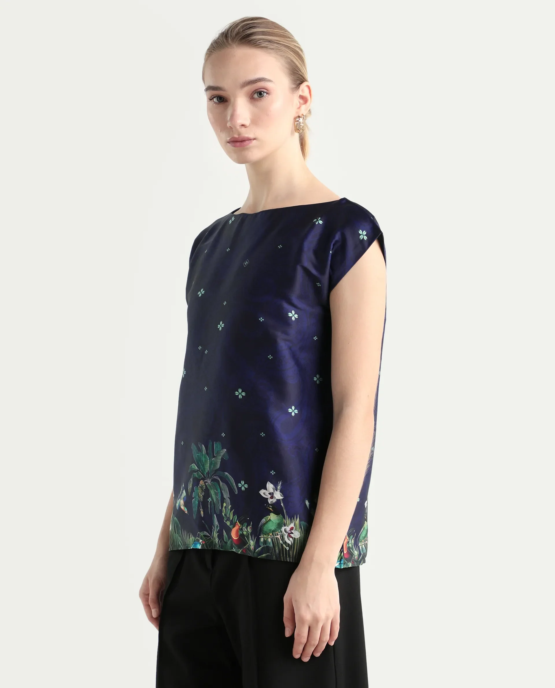 Rareism Women's Kern Navy Polyester Boat Neck Floral Print Extended Sleeves Regular Fit Top - Image 5