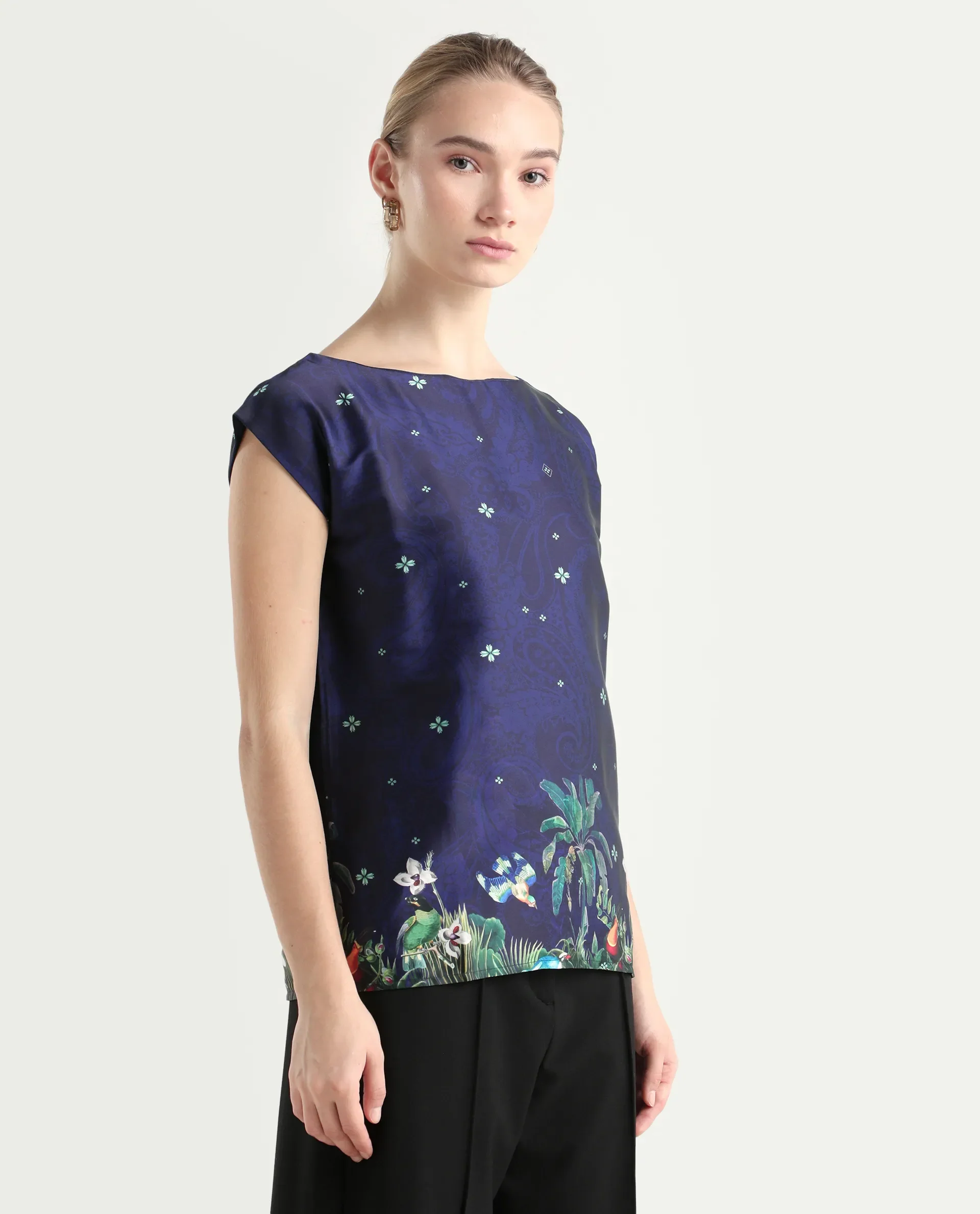 Rareism Women's Kern Navy Polyester Boat Neck Floral Print Extended Sleeves Regular Fit Top - Image 6