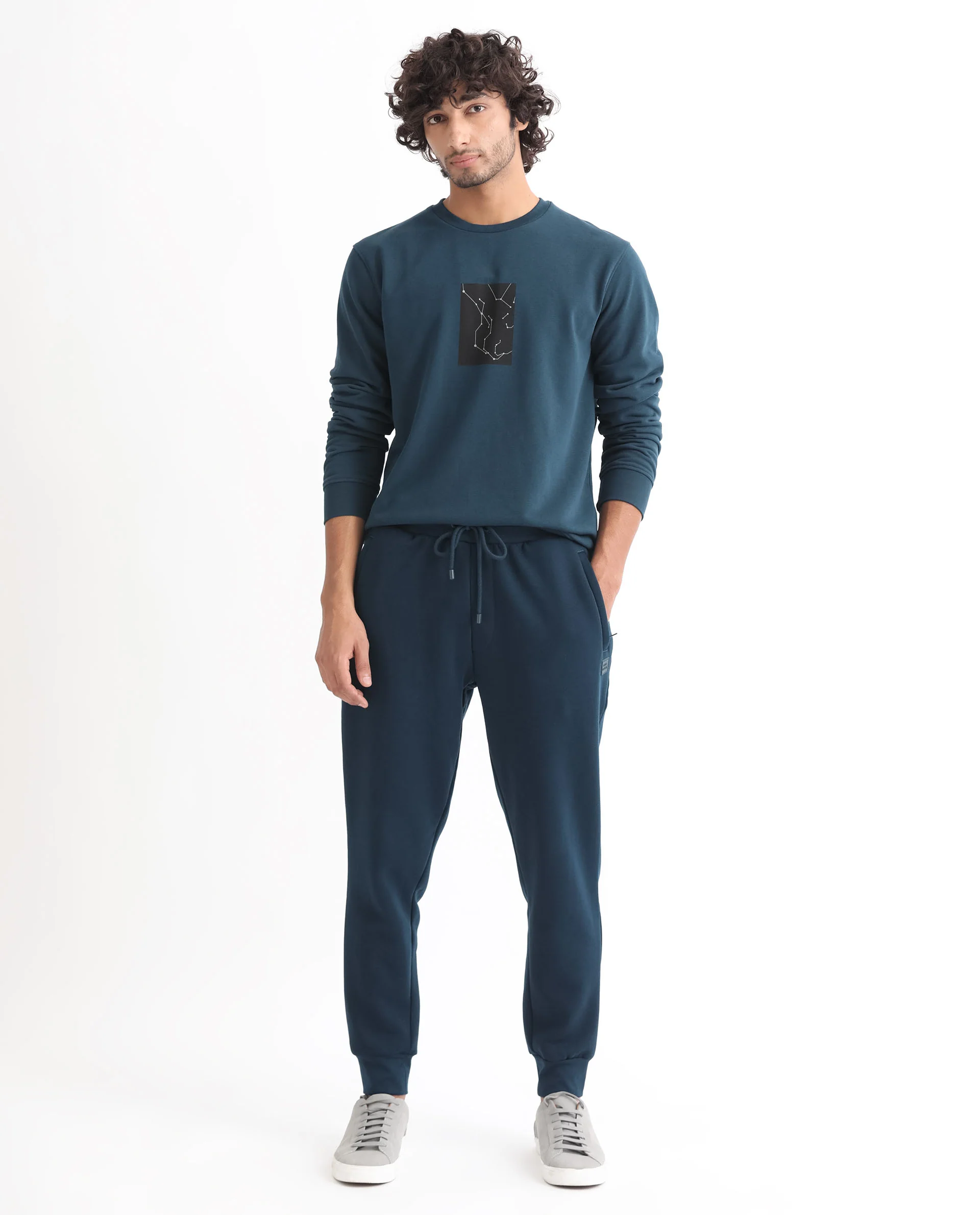 Rare Rabbit Men's Kerry Teal Cotton Plain Regular Fit Joggers - Image 2