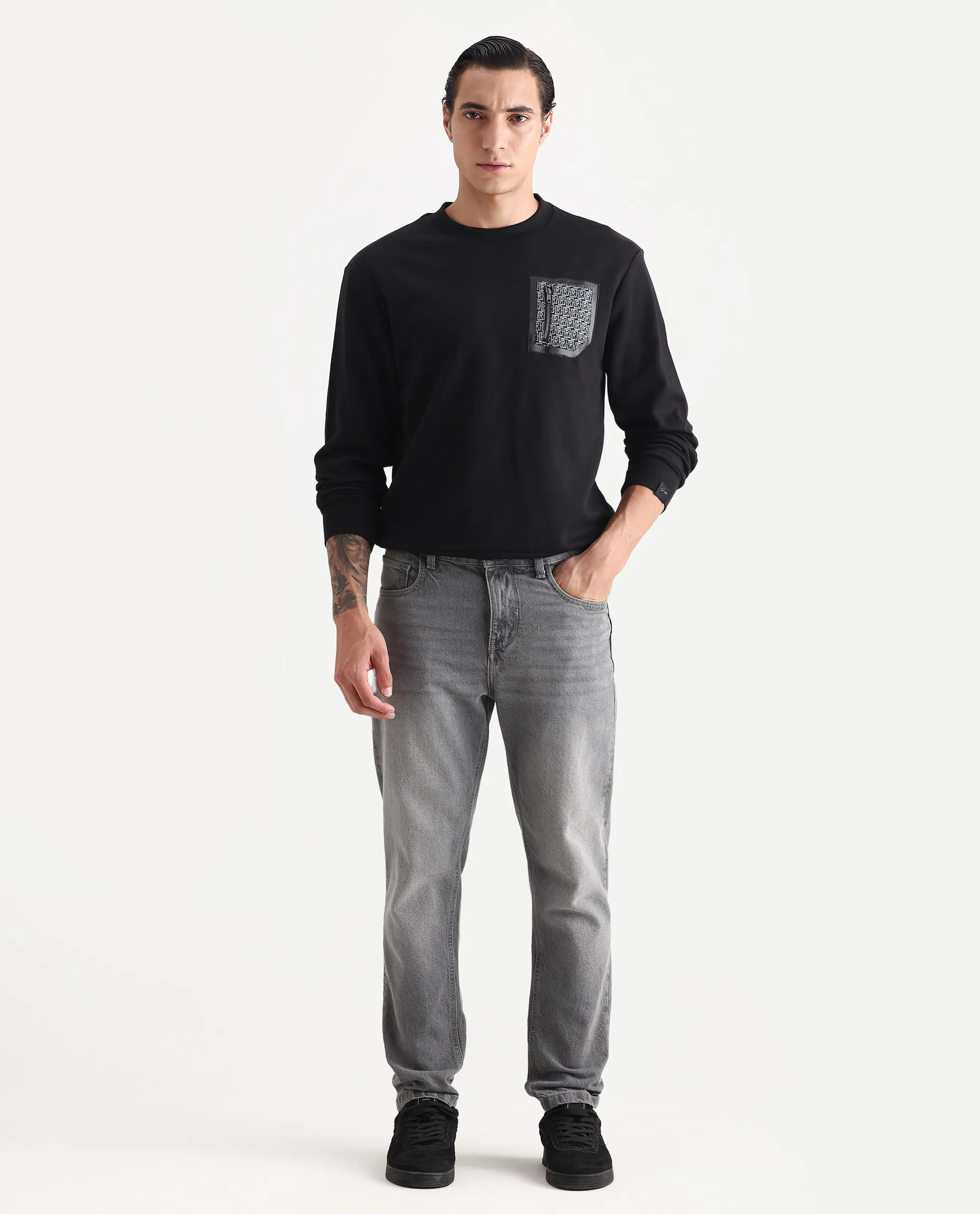 Rare Rabbit Men's Kevon Black Polyester Blend Plain Regular Fit Full Sleeve Crew Neck Sweatshirt - Image 2