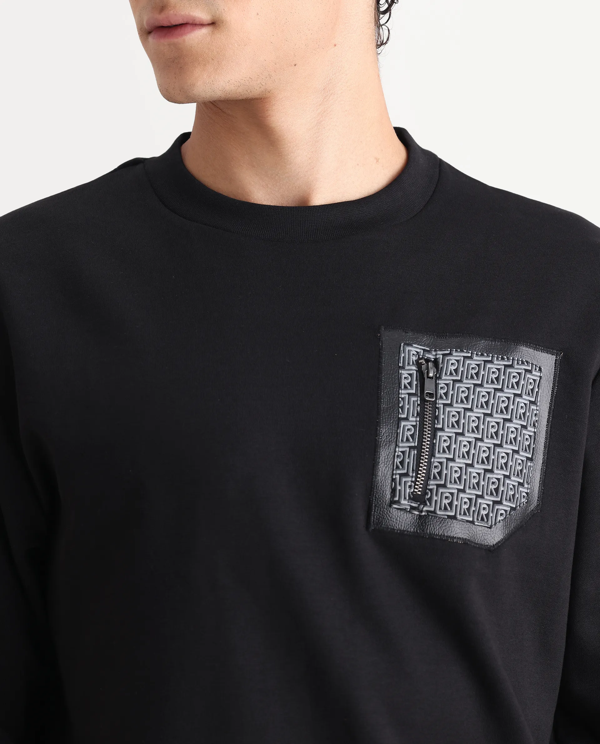 Rare Rabbit Men's Kevon Black Polyester Blend Plain Regular Fit Full Sleeve Crew Neck Sweatshirt - Image 3