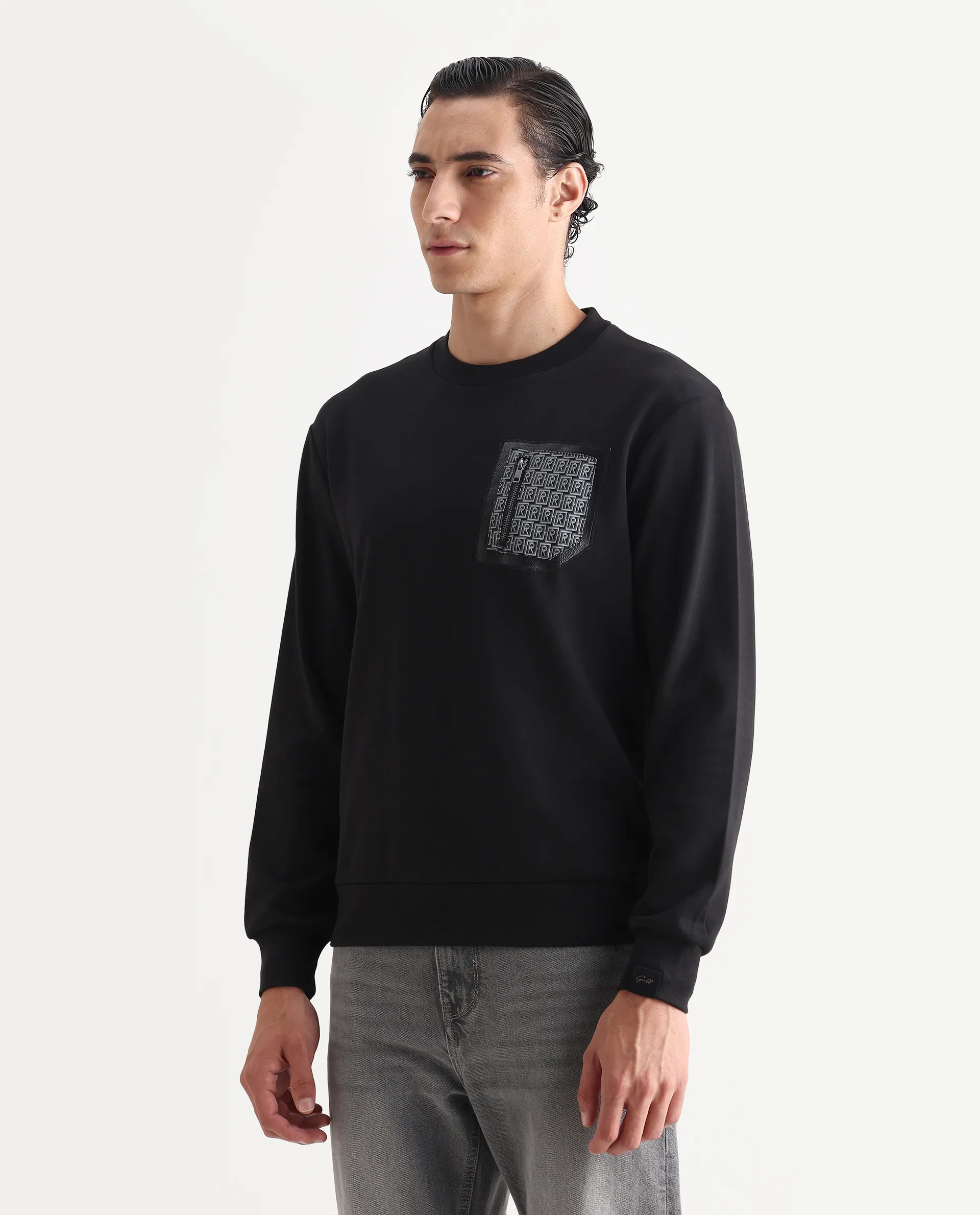Rare Rabbit Men's Kevon Black Polyester Blend Plain Regular Fit Full Sleeve Crew Neck Sweatshirt - Image 4