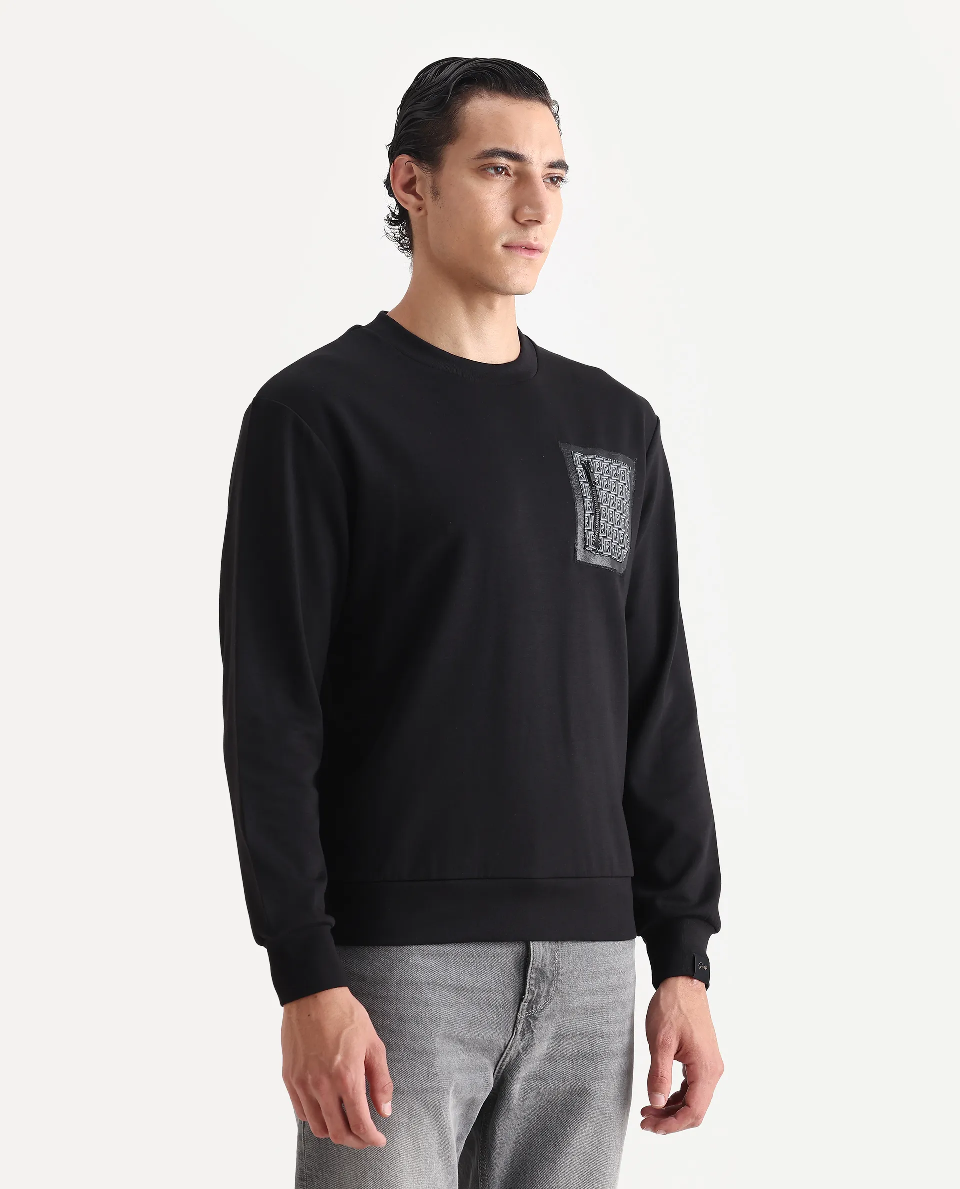 Rare Rabbit Men's Kevon Black Polyester Blend Plain Regular Fit Full Sleeve Crew Neck Sweatshirt - Image 5