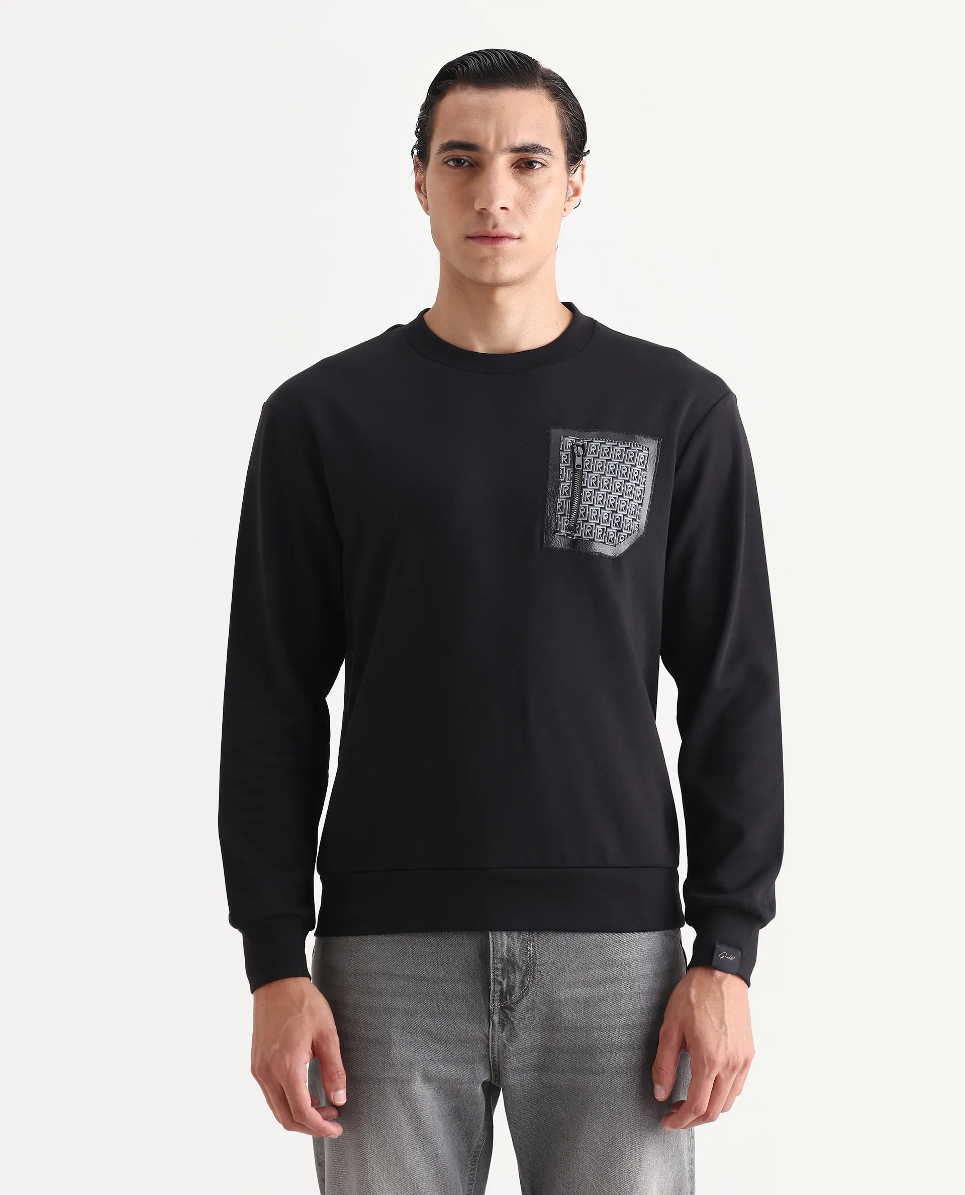 Rare Rabbit Men's Kevon Black Polyester Blend Plain Regular Fit Full Sleeve Crew Neck Sweatshirt - Image 6