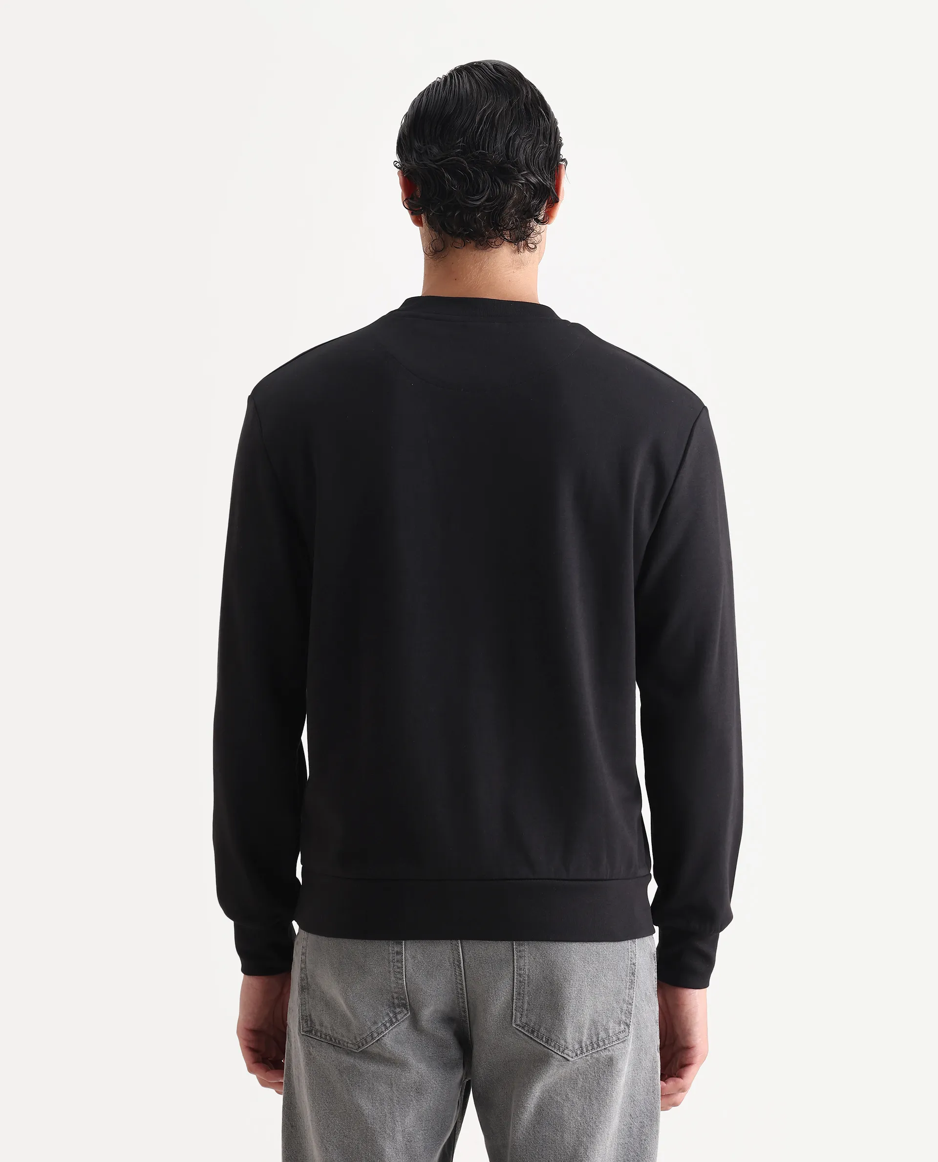 Rare Rabbit Men's Kevon Black Polyester Blend Plain Regular Fit Full Sleeve Crew Neck Sweatshirt - Image 7