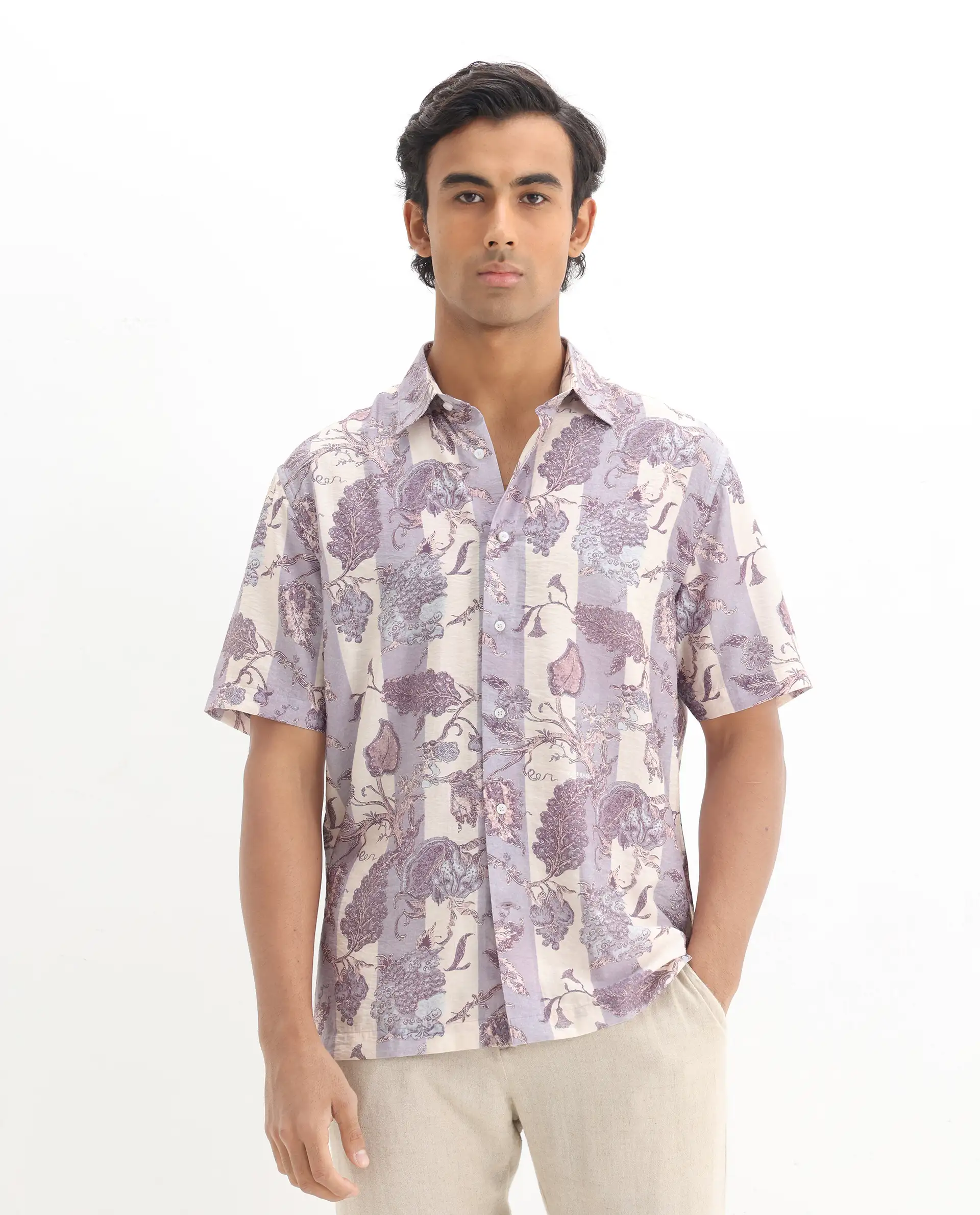 Rare Rabbit Men's Kexil Off Whte Viscose Blend Digital Print Relaxed Fit Half Sleeve Collared Shirt - Image 5