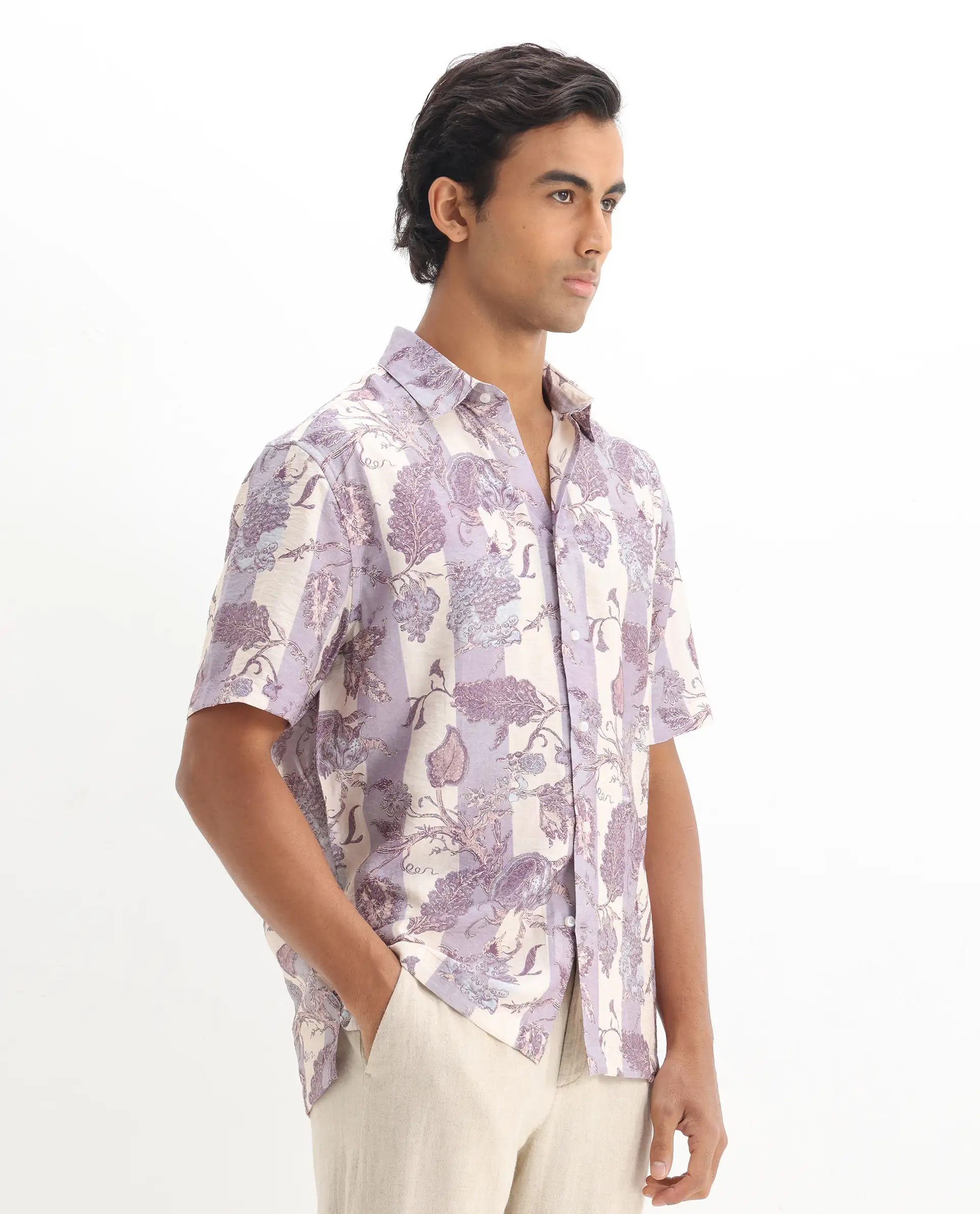 Rare Rabbit Men's Kexil Off Whte Viscose Blend Digital Print Relaxed Fit Half Sleeve Collared Shirt - Image 7