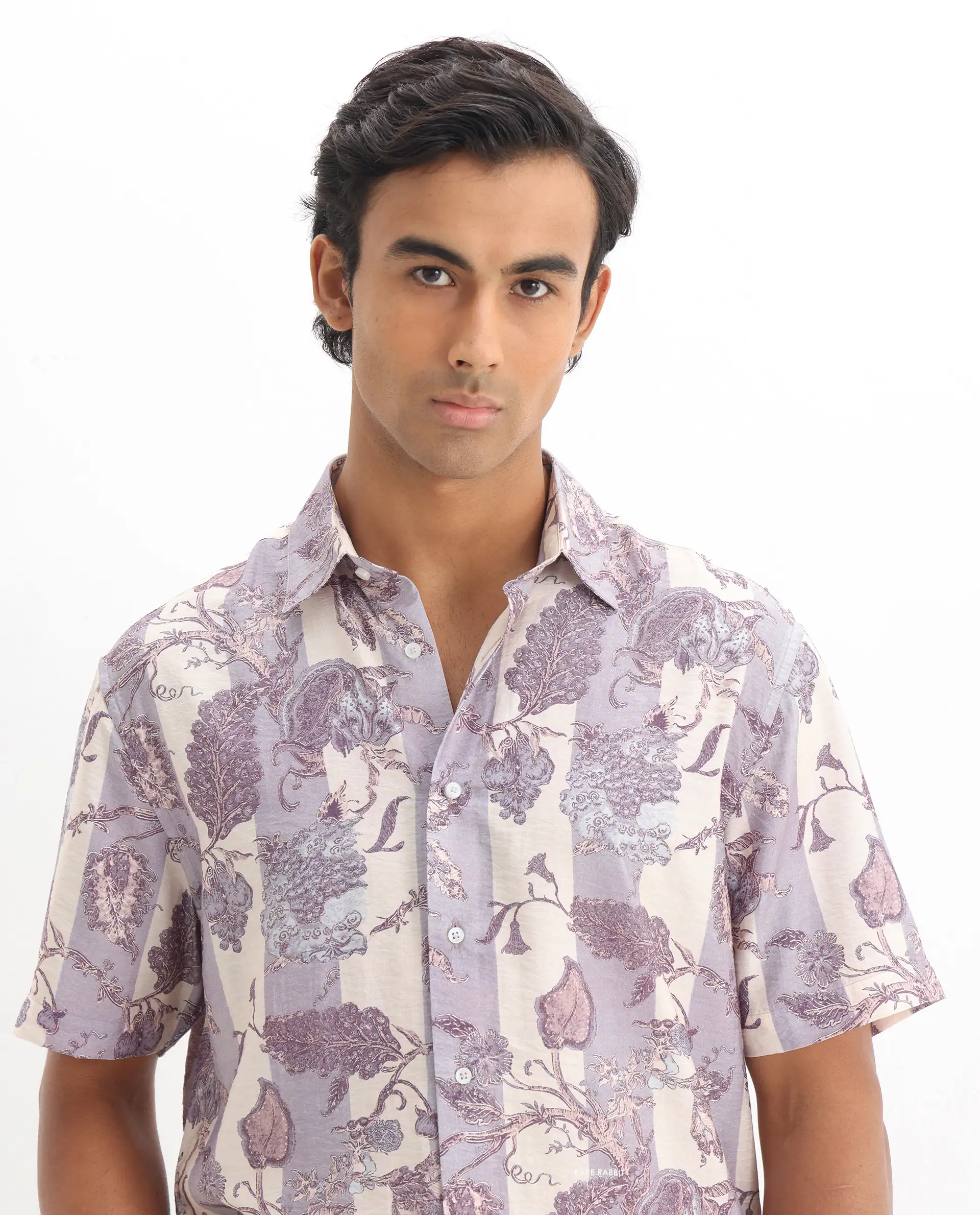 Rare Rabbit Men's Kexil Off Whte Viscose Blend Digital Print Relaxed Fit Half Sleeve Collared Shirt - Image 8