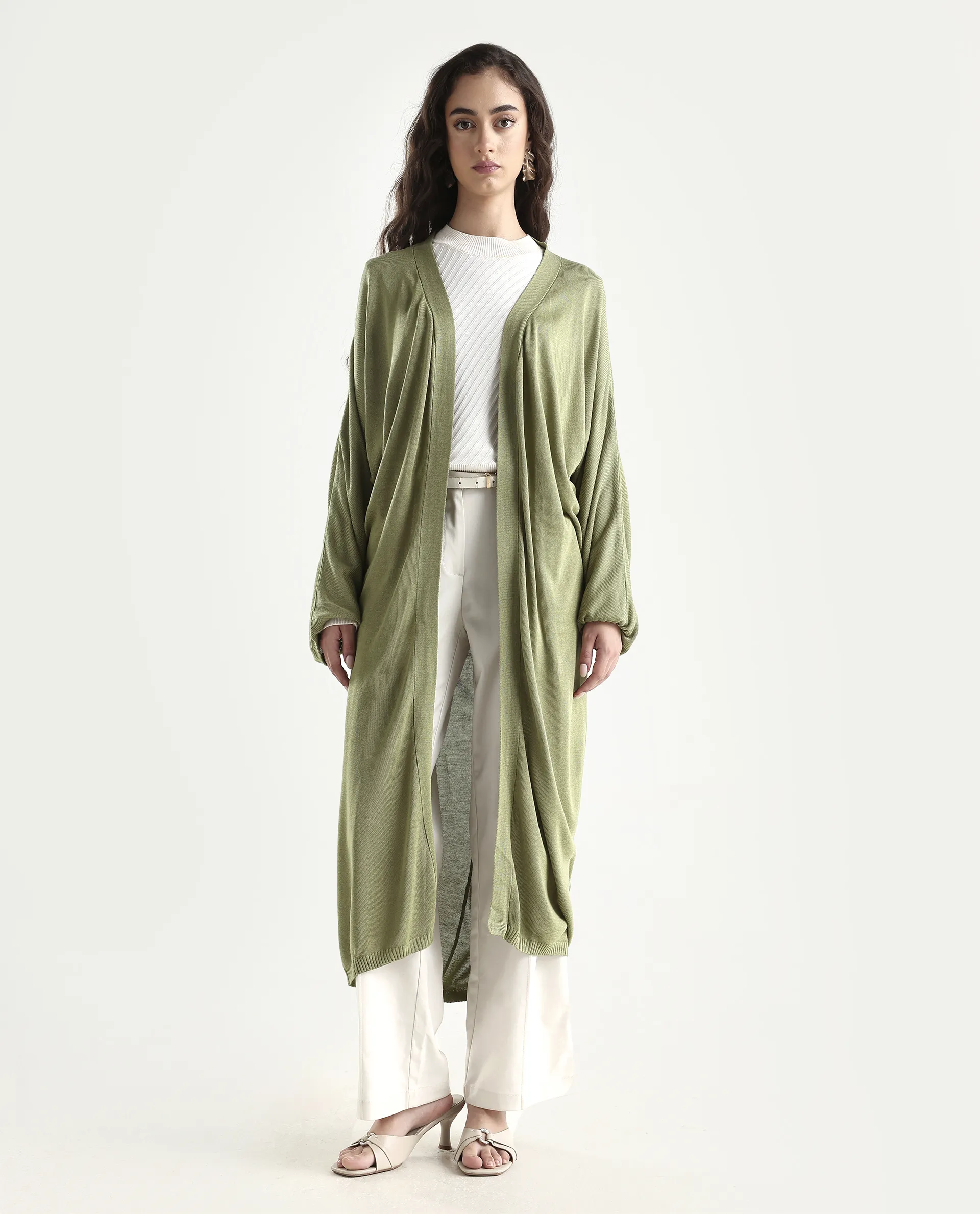 Rareism Women's Keya Pastel Green Cotton Collarless Plain Extended Sleeves Midi Relaxed Fit Shrug - Image 2