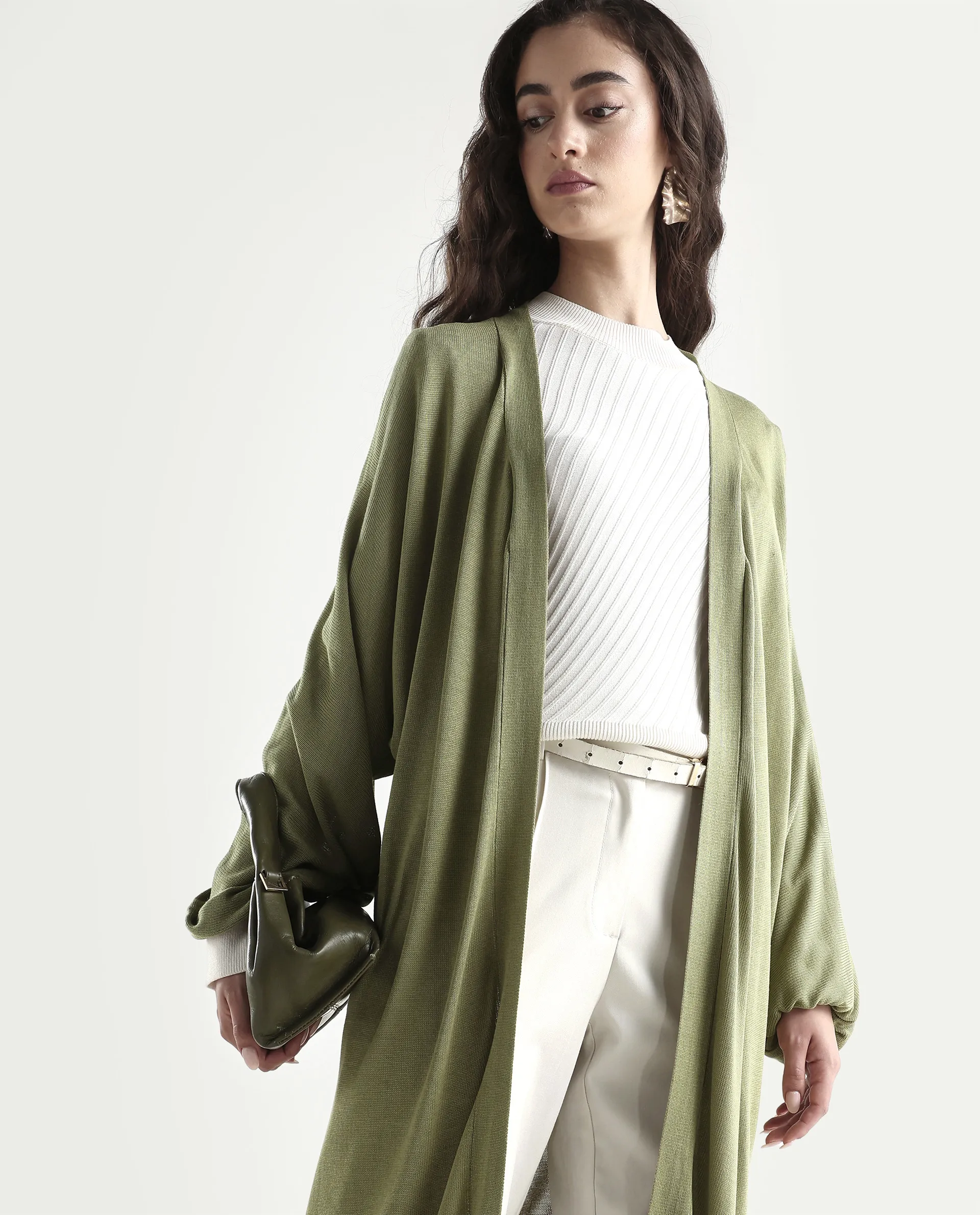 Rareism Women's Keya Pastel Green Cotton Collarless Plain Extended Sleeves Midi Relaxed Fit Shrug - Image 3
