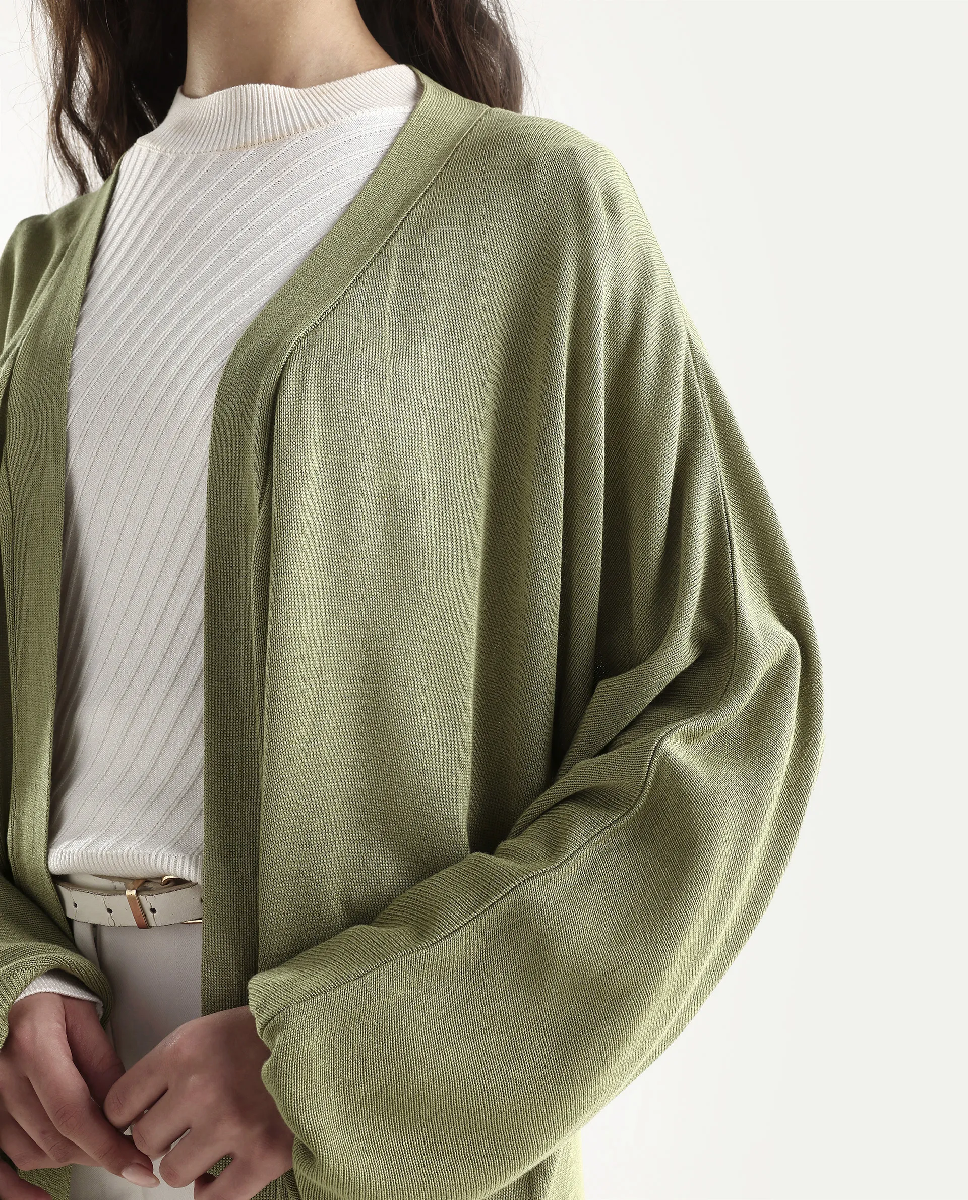 Rareism Women's Keya Pastel Green Cotton Collarless Plain Extended Sleeves Midi Relaxed Fit Shrug - Image 4