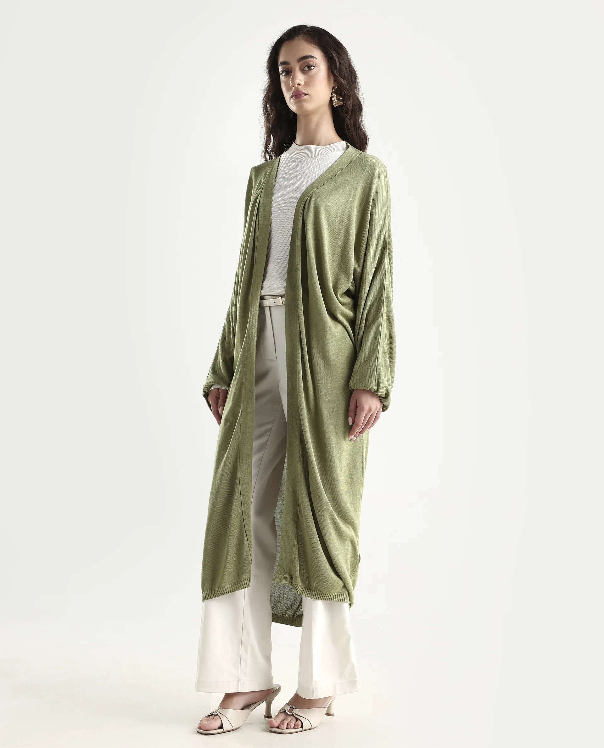 Rareism Women's Keya Pastel Green Cotton Collarless Plain Extended Sleeves Midi Relaxed Fit Shrug - Image 5