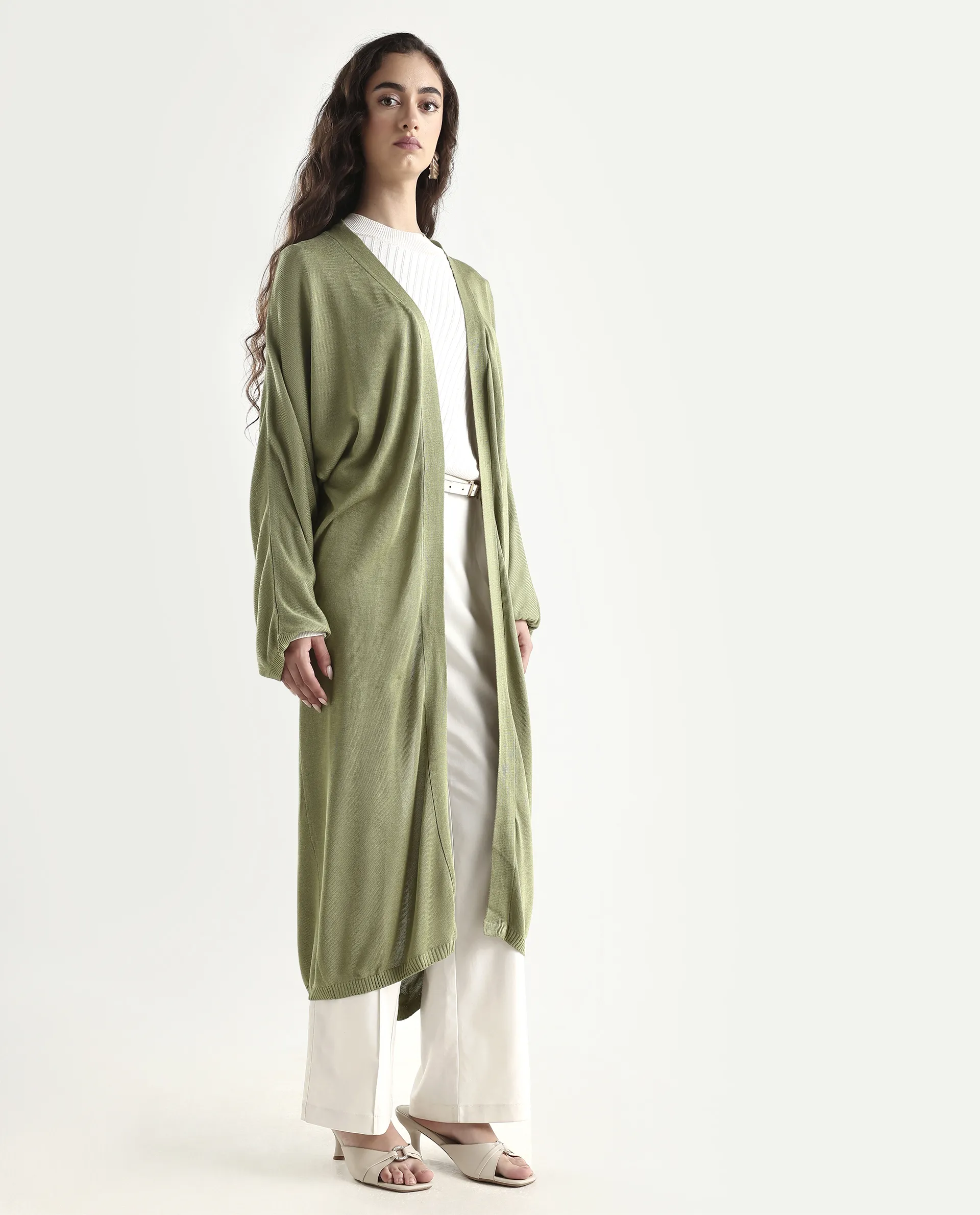 Rareism Women's Keya Pastel Green Cotton Collarless Plain Extended Sleeves Midi Relaxed Fit Shrug - Image 6
