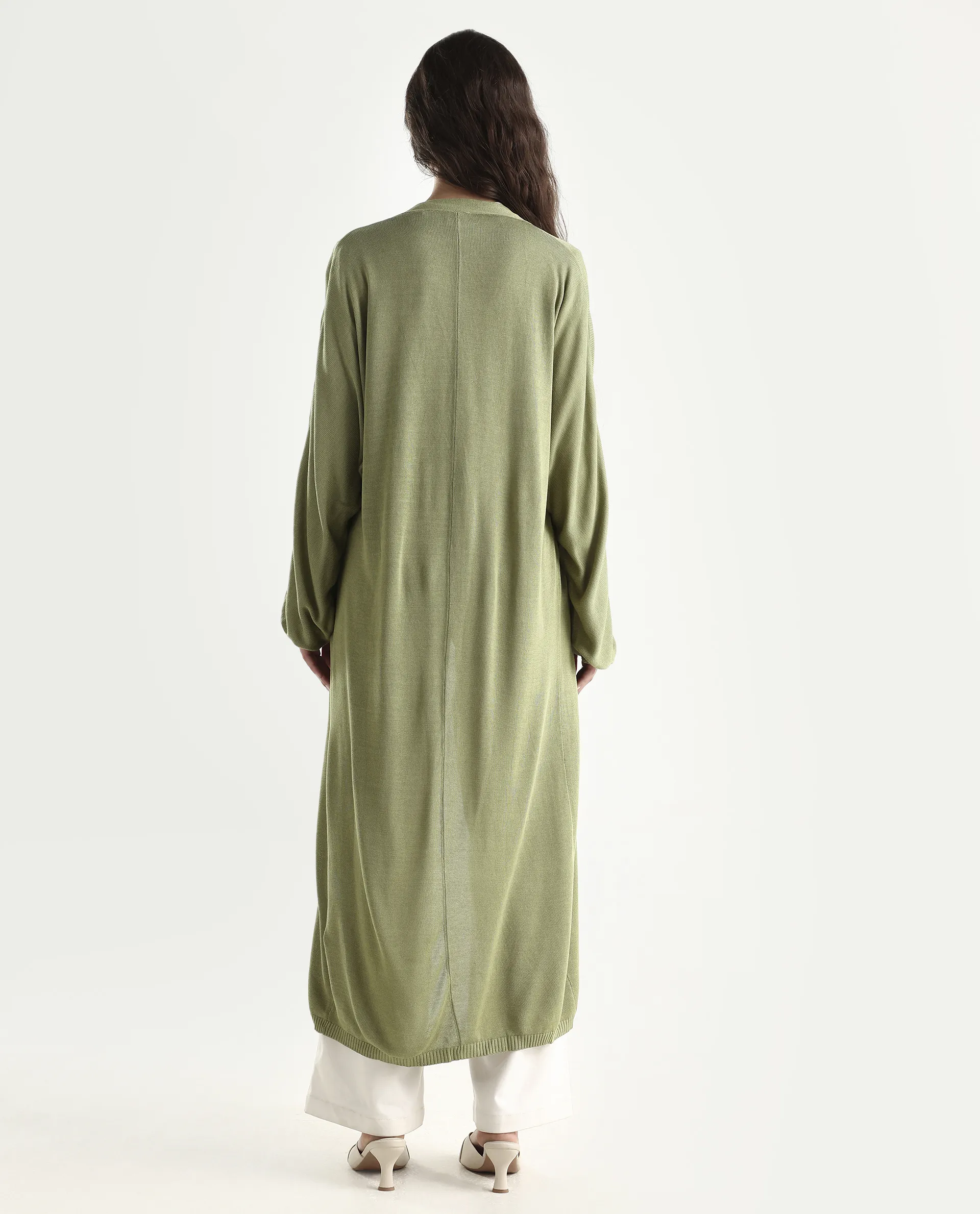 Rareism Women's Keya Pastel Green Cotton Collarless Plain Extended Sleeves Midi Relaxed Fit Shrug - Image 7