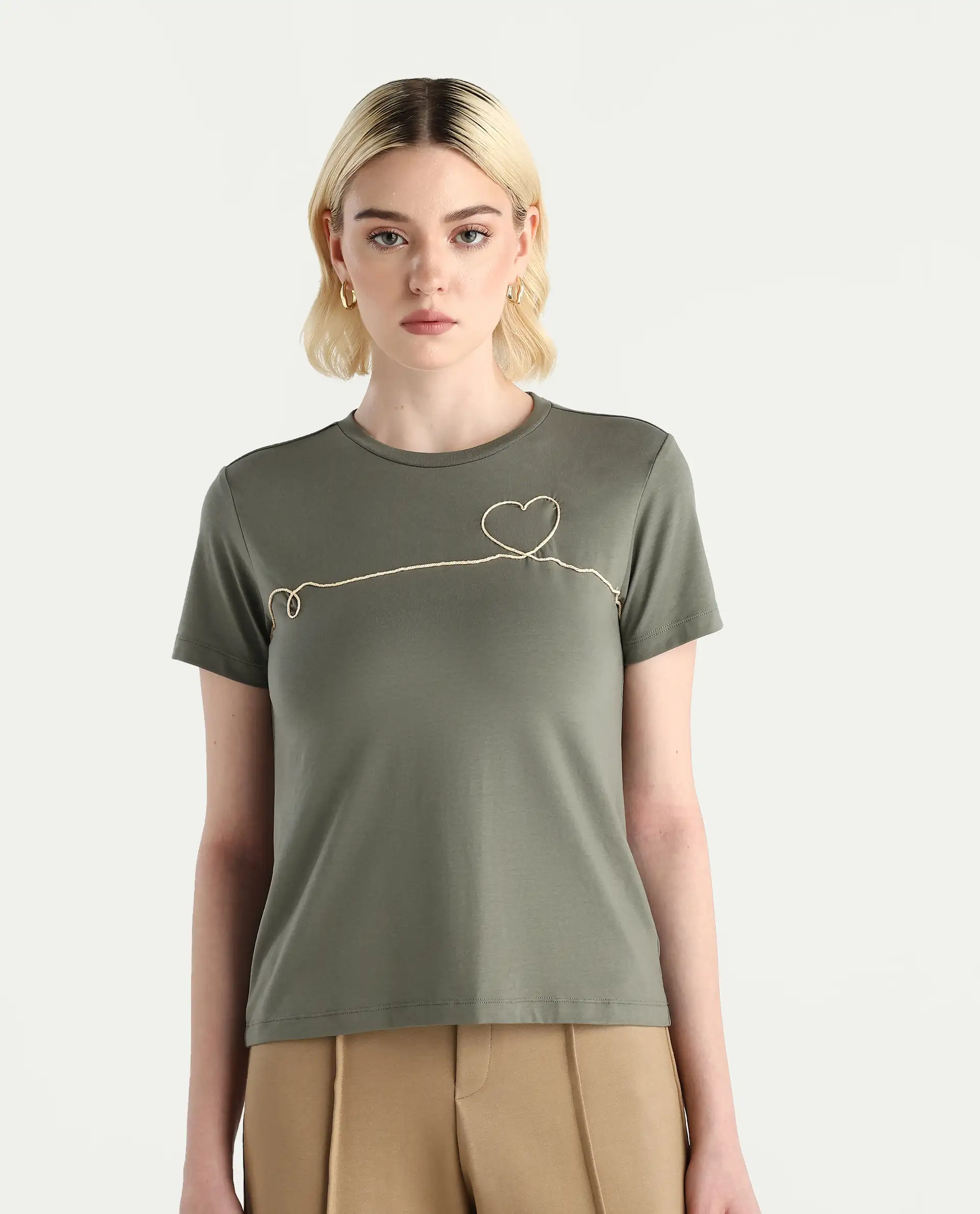 Rareism Women's Keyf Dusky Green Cotton Blend Fabric Crew Neck Regular Fit Printed T-Shirt - Image 3
