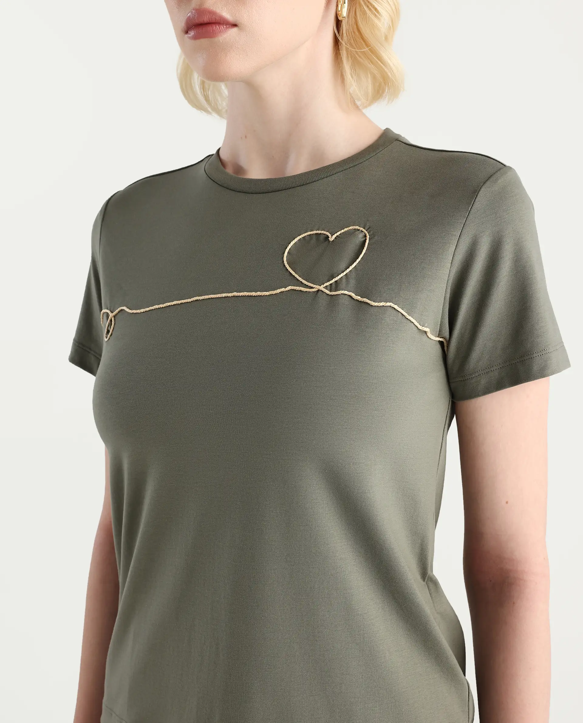 Rareism Women's Keyf Dusky Green Cotton Blend Fabric Crew Neck Regular Fit Printed T-Shirt - Image 4