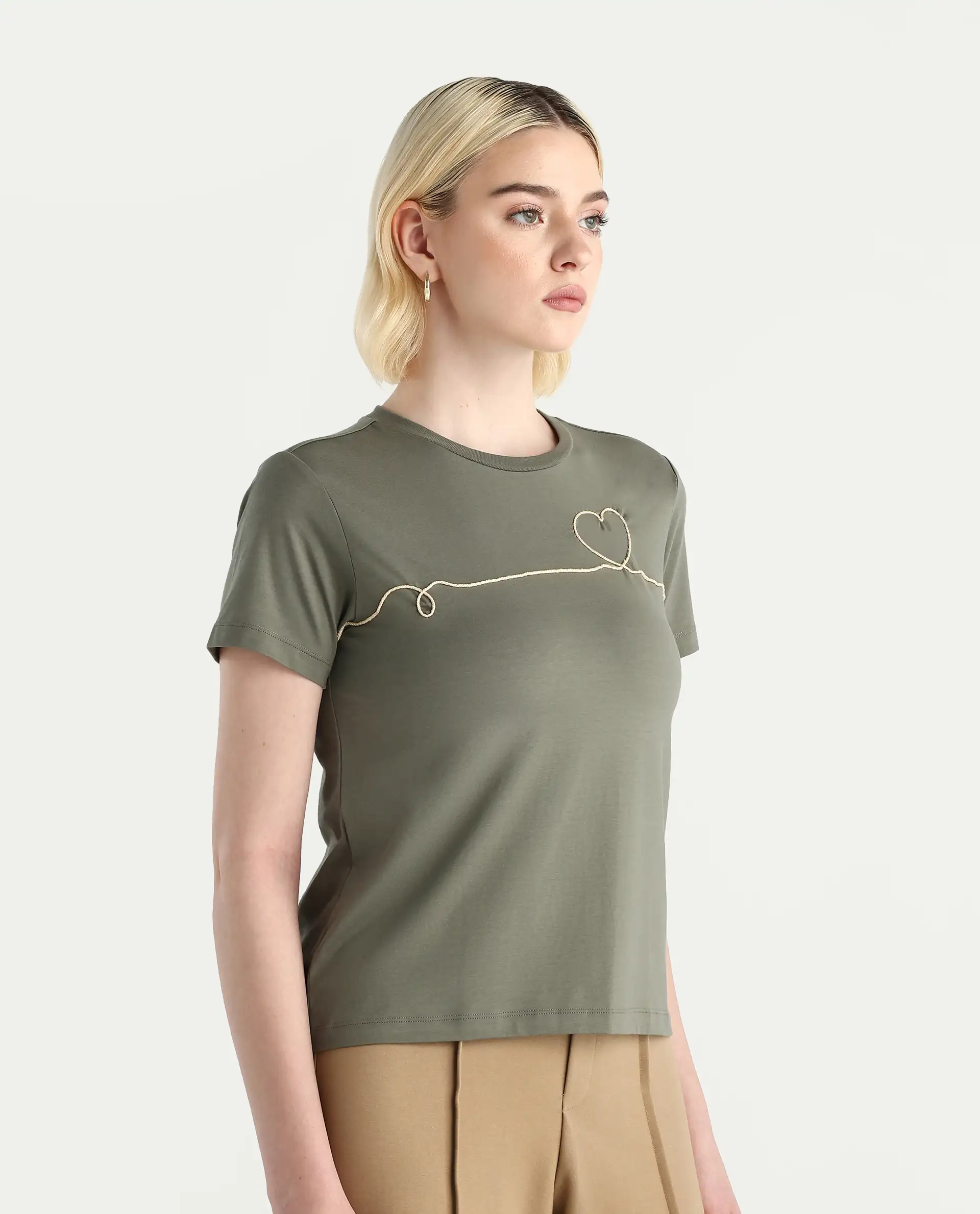 Rareism Women's Keyf Dusky Green Cotton Blend Fabric Crew Neck Regular Fit Printed T-Shirt - Image 5