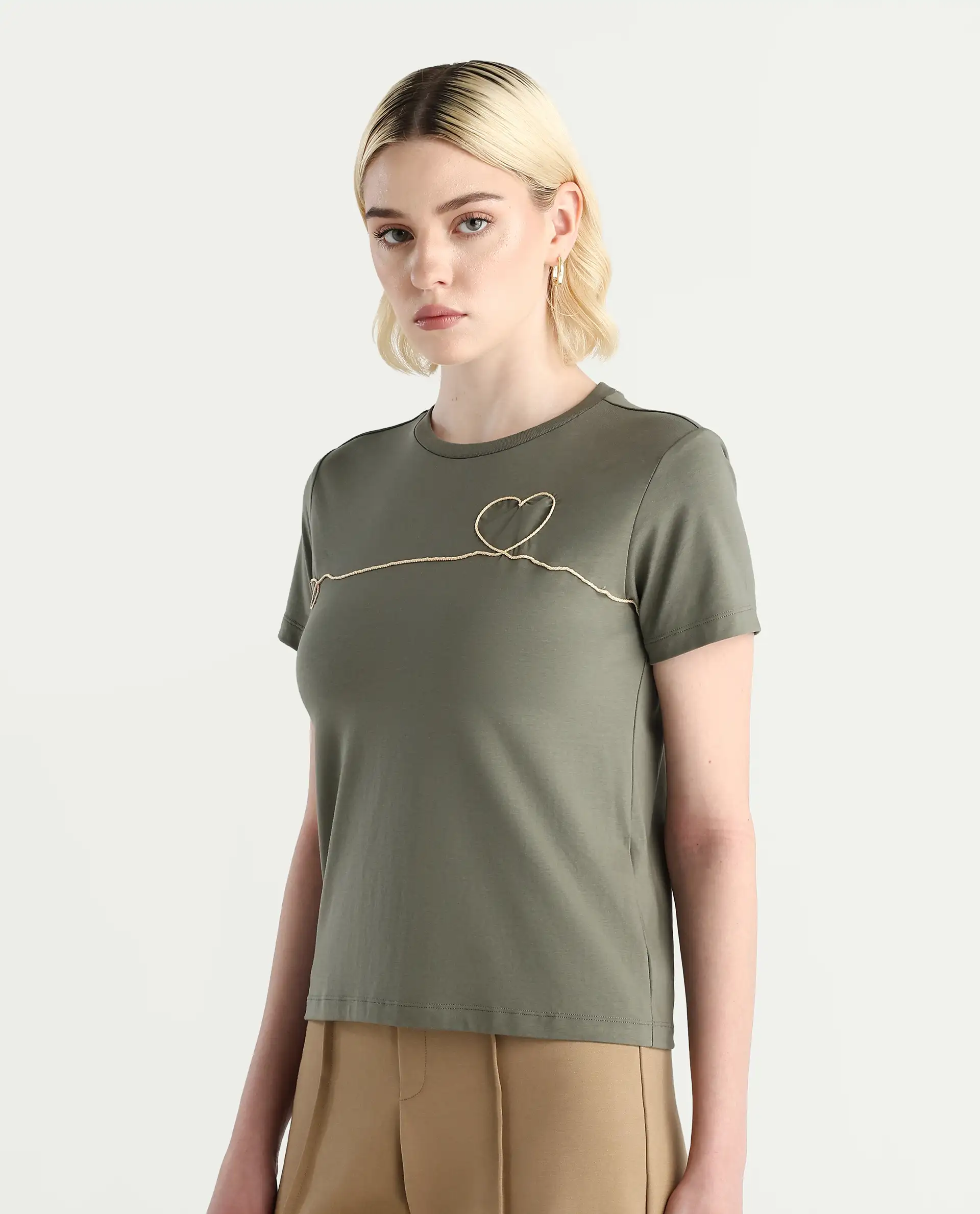Rareism Women's Keyf Dusky Green Cotton Blend Fabric Crew Neck Regular Fit Printed T-Shirt - Image 6