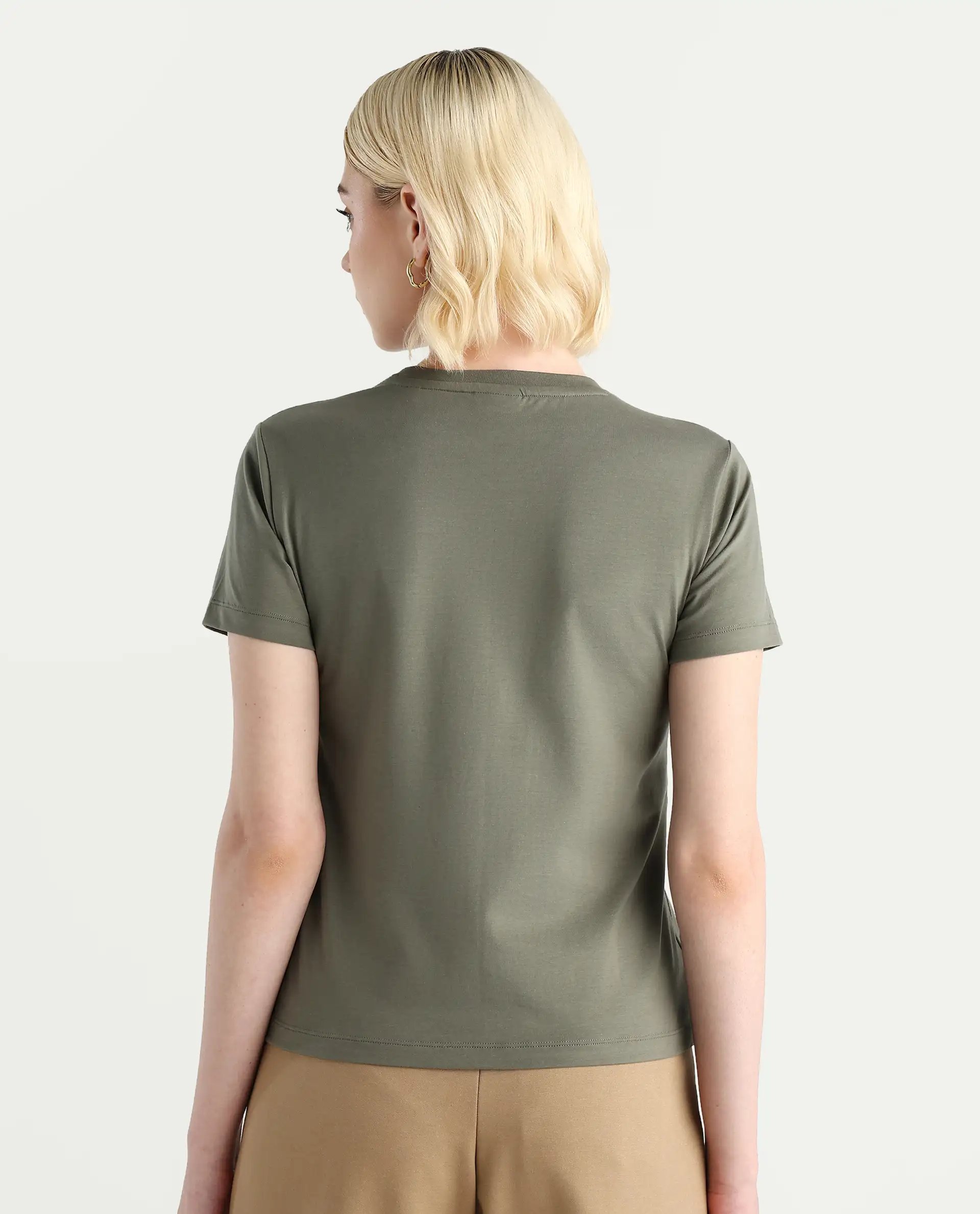 Rareism Women's Keyf Dusky Green Cotton Blend Fabric Crew Neck Regular Fit Printed T-Shirt - Image 7