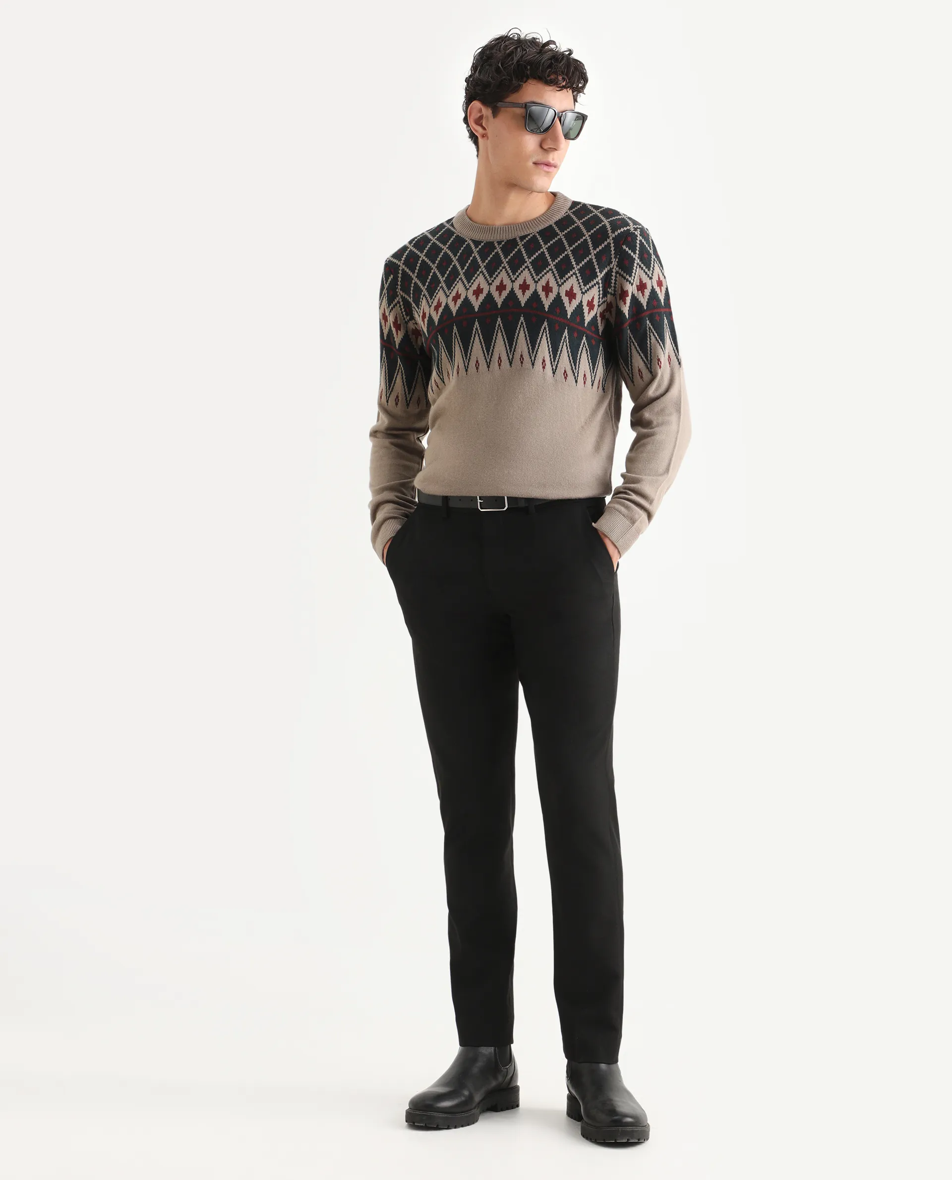 Rare Rabbit Men's Kezeck Light Brown Cotton Argyle Print Regular Fit Full Sleeve Crew Neck Sweater - Image 2