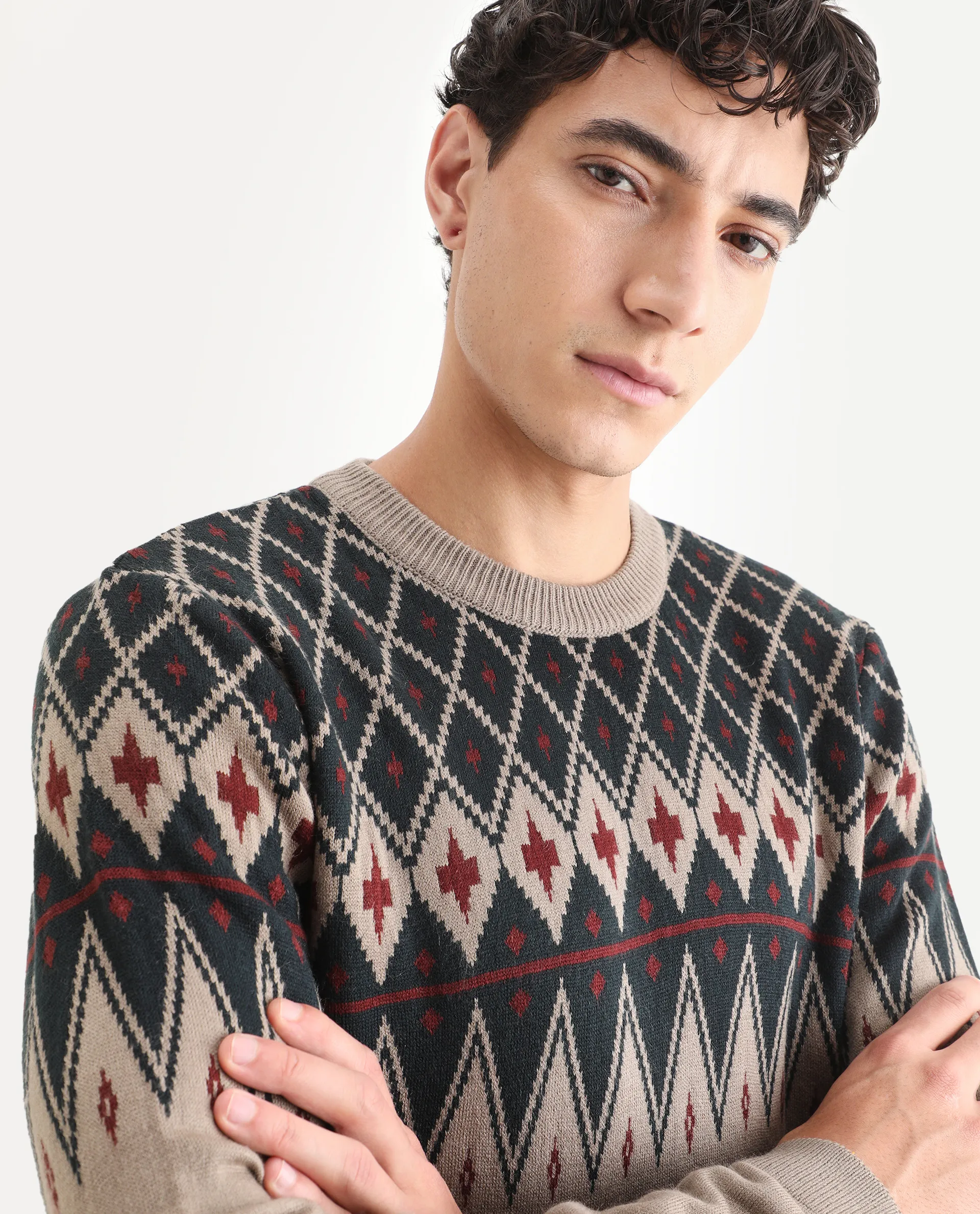 Rare Rabbit Men's Kezeck Light Brown Cotton Argyle Print Regular Fit Full Sleeve Crew Neck Sweater - Image 3