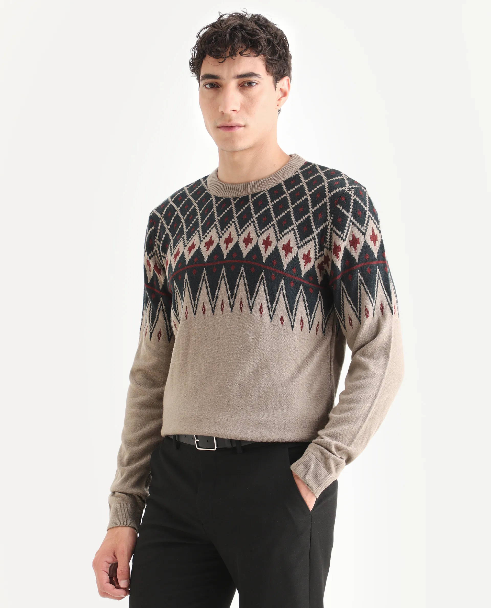 Rare Rabbit Men's Kezeck Light Brown Cotton Argyle Print Regular Fit Full Sleeve Crew Neck Sweater - Image 4