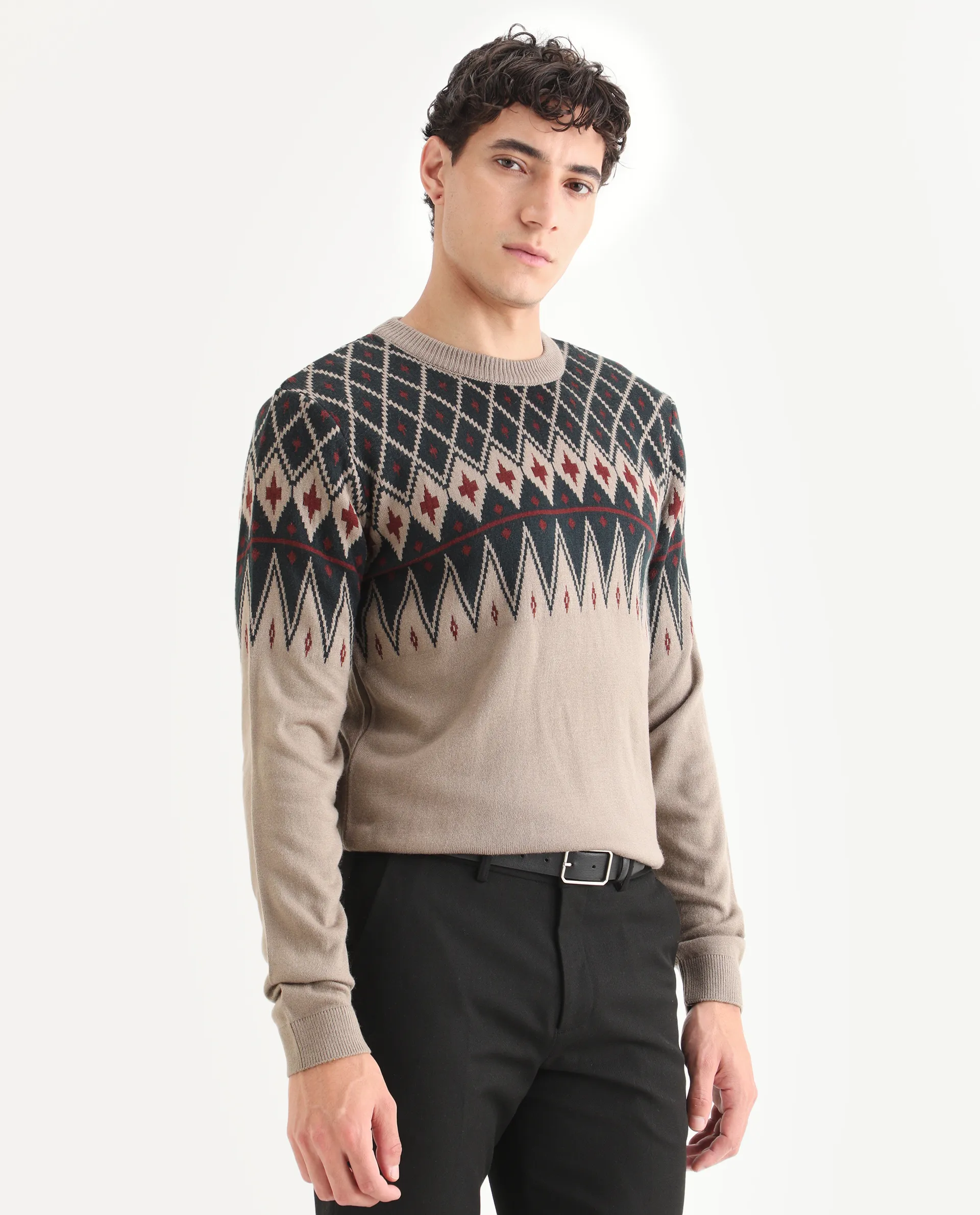 Rare Rabbit Men's Kezeck Light Brown Cotton Argyle Print Regular Fit Full Sleeve Crew Neck Sweater - Image 5