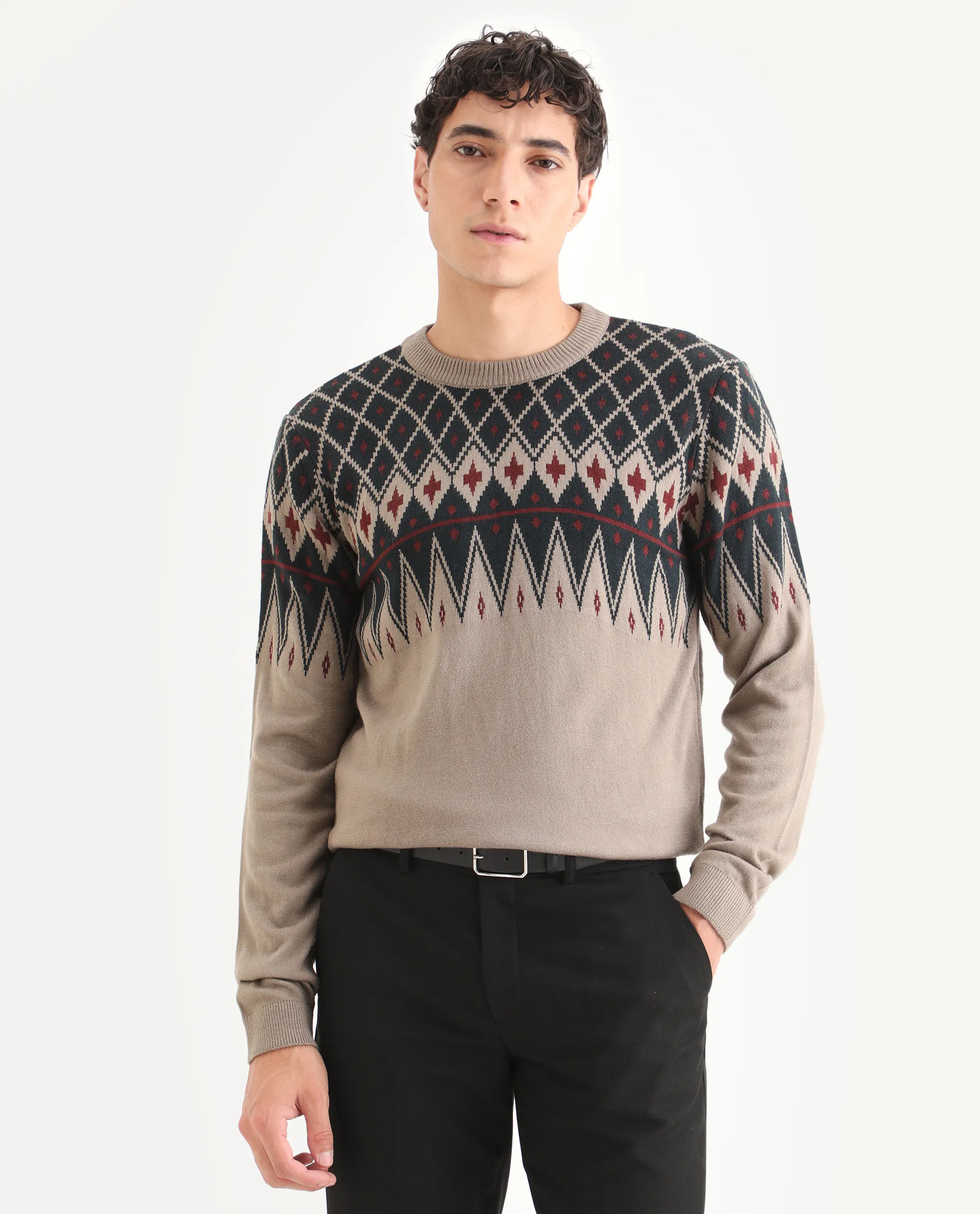 Rare Rabbit Men's Kezeck Light Brown Cotton Argyle Print Regular Fit Full Sleeve Crew Neck Sweater - Image 6