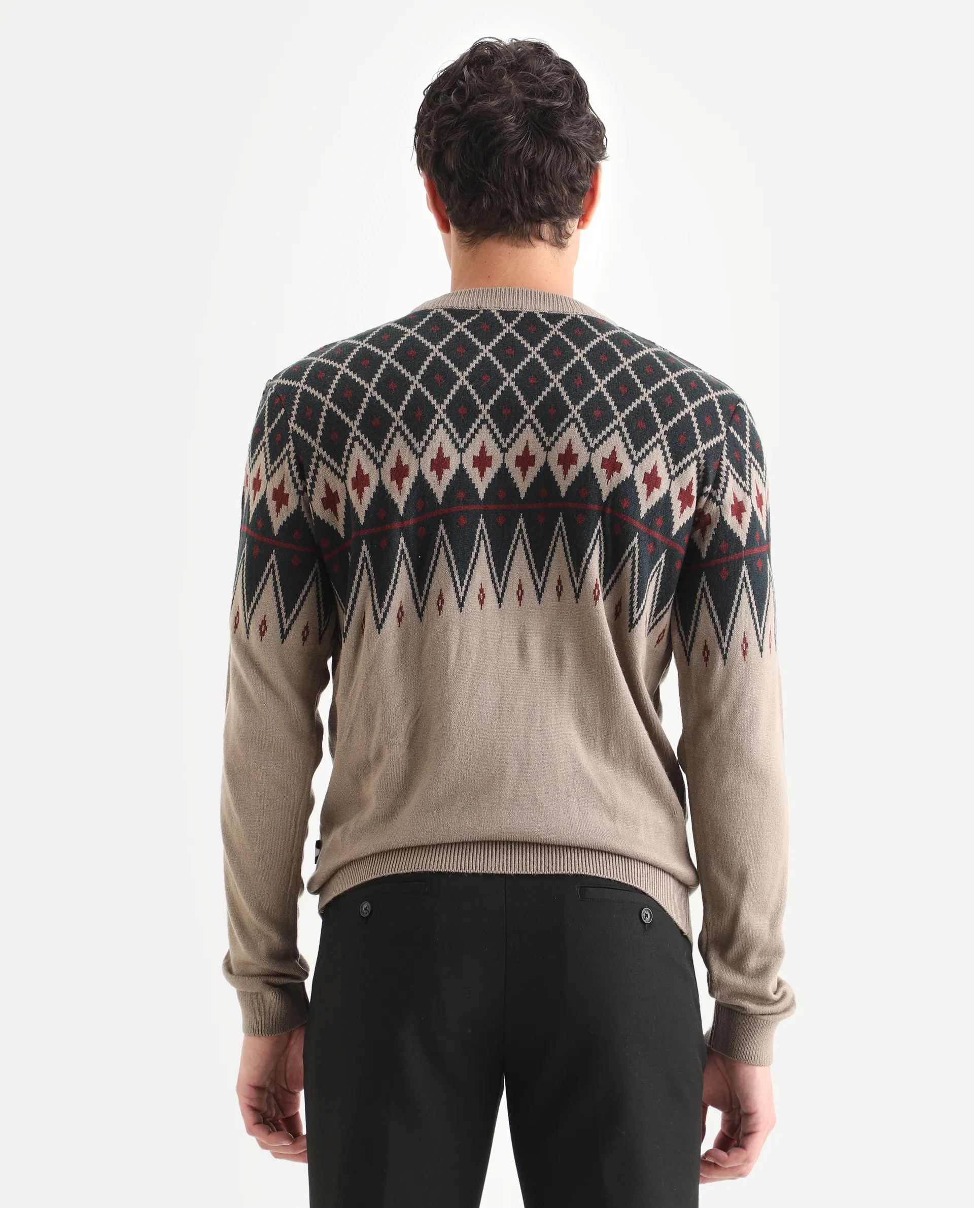 Rare Rabbit Men's Kezeck Light Brown Cotton Argyle Print Regular Fit Full Sleeve Crew Neck Sweater - Image 7